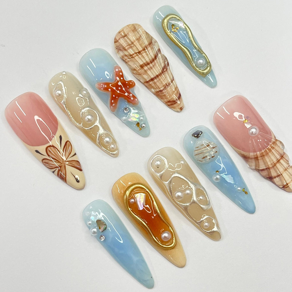 3D Seashell With Starfish Long Almond Press On Nails, Summer Fake/False Nail, Unique Design Nail for Summer Holiday Vacation Event