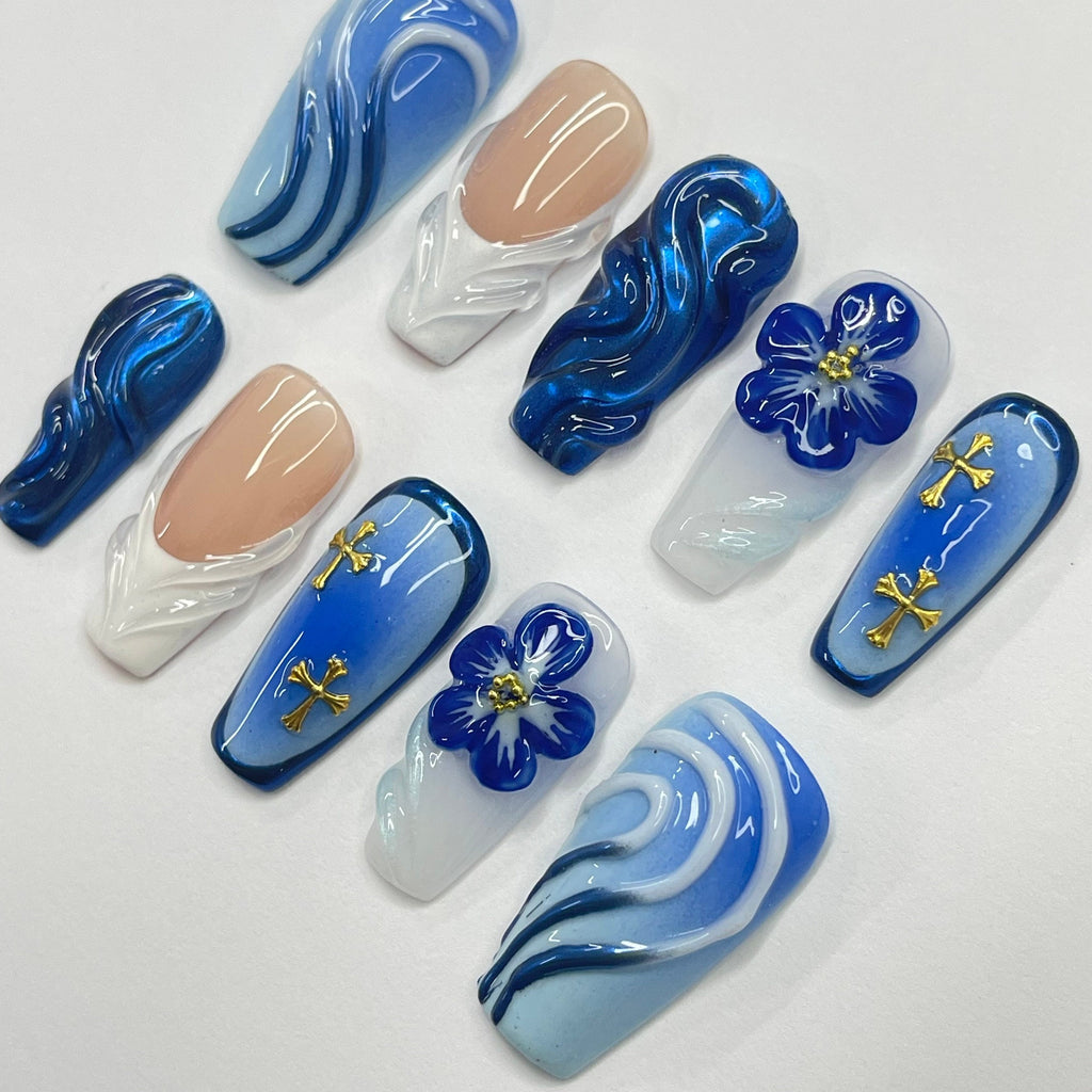Bluewave With 3D Flower & White French Tip Medium Coffin Press On Nail, Unique Design Nail Art, Summer Nail for Holiday Vacation Prom Nail