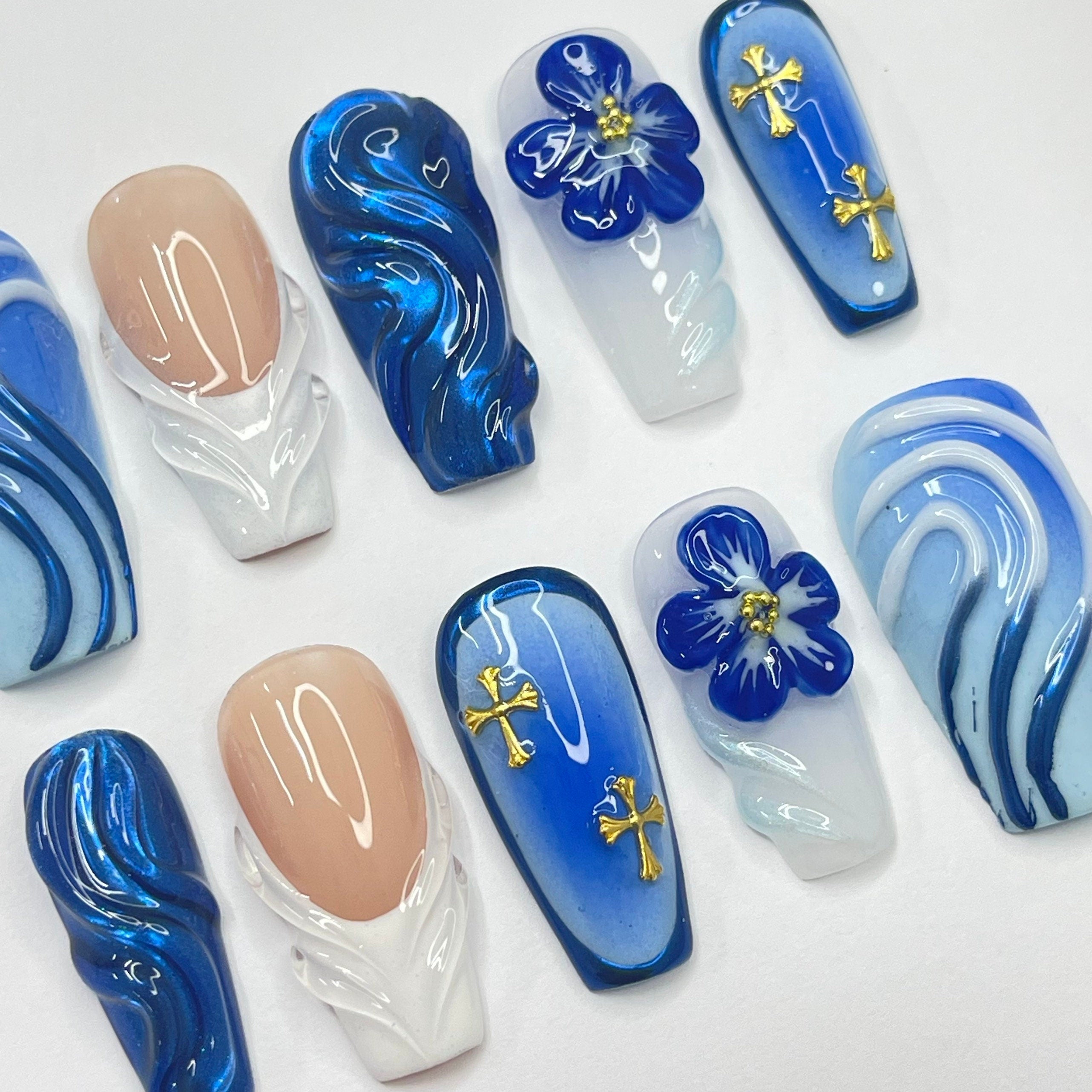 Bluewave With 3D Flower & White French Tip Medium Coffin Press On Nail, Unique Design Nail Art, Summer Nail for Holiday Vacation Prom Nail