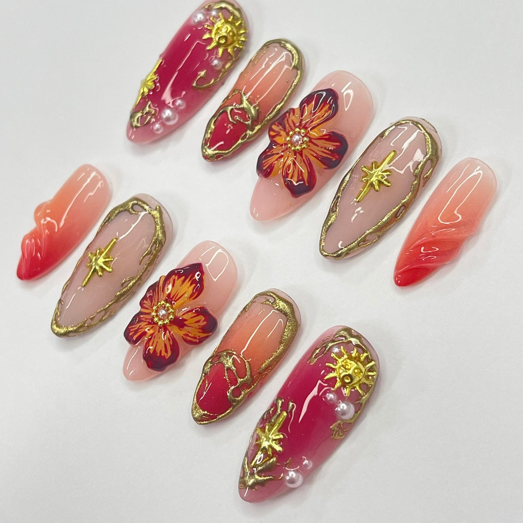 Unique Flower For Autumn Medium Almond Press On Nail,Custom Design Nail Art,Fake/Flase Nail for Birthday Holiday Vacation Prom Nail