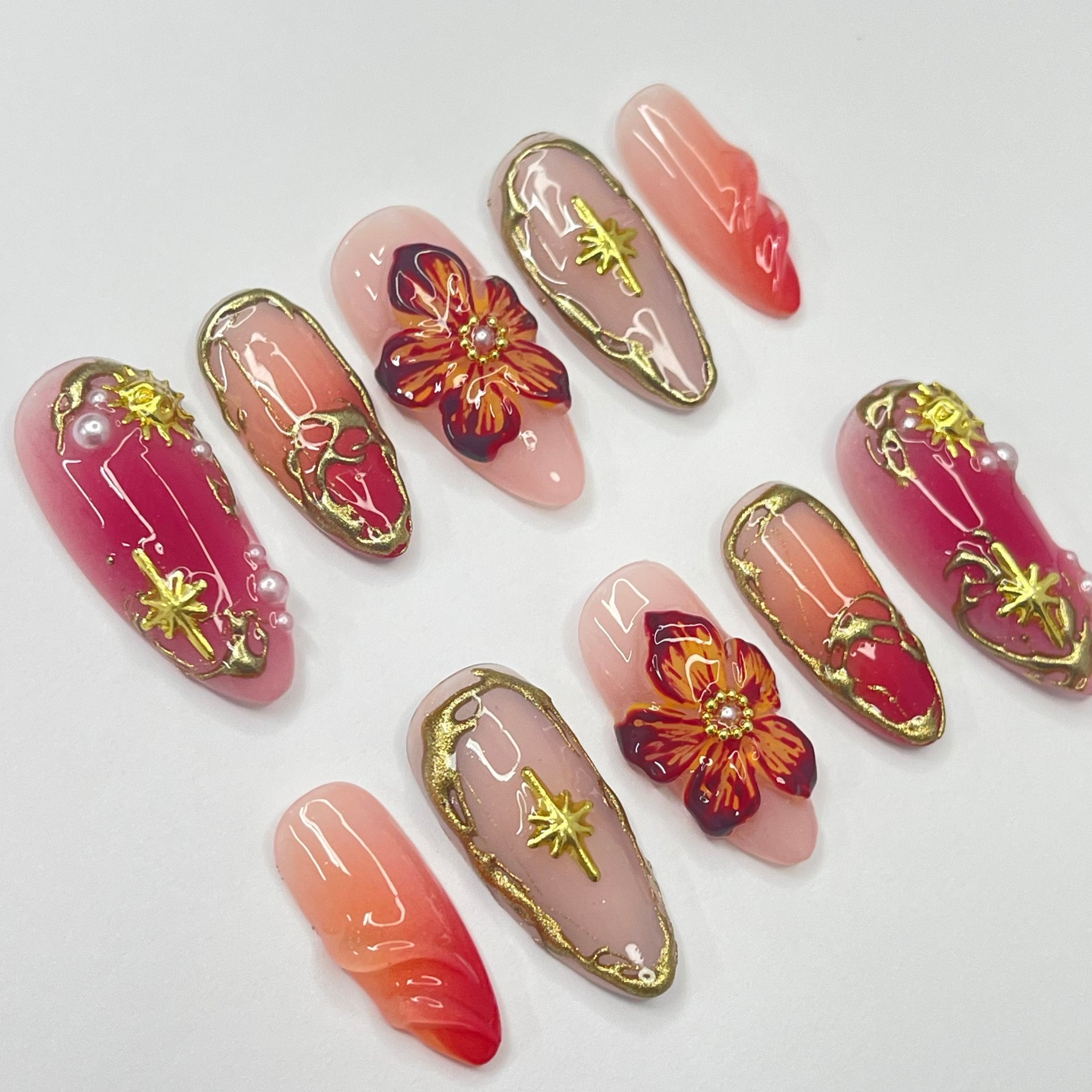 Unique Flower For Autumn Medium Almond Press On Nail,Custom Design Nail Art,Fake/Flase Nail for Birthday Holiday Vacation Prom Nail