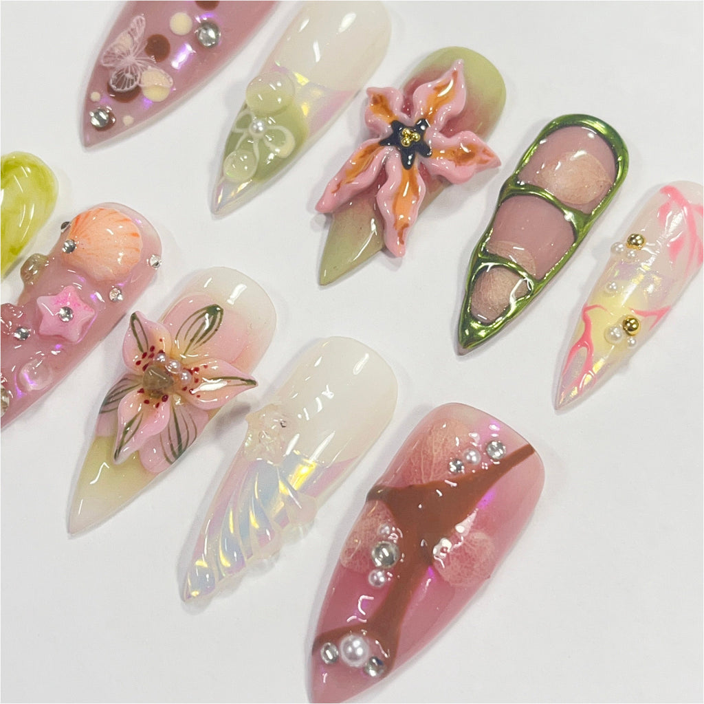 Fairy Dream Flower Garden Long Stiletto Press On Nails, 3D Gel Fairycore Fake Nails, Dreamy Nails for Birthday Vacation Holiday