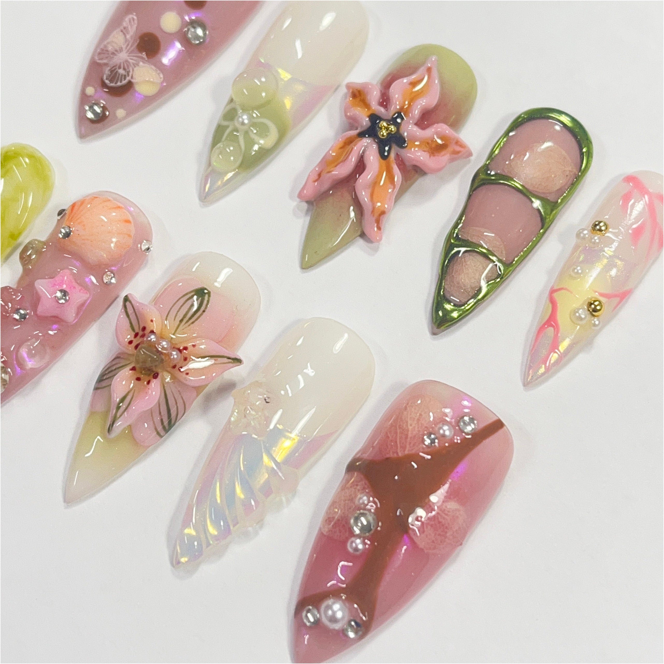 Fairy Dream Flower Garden Long Stiletto Press On Nails, 3D Gel Fairycore Fake Nails, Dreamy Nails for Birthday Vacation Holiday