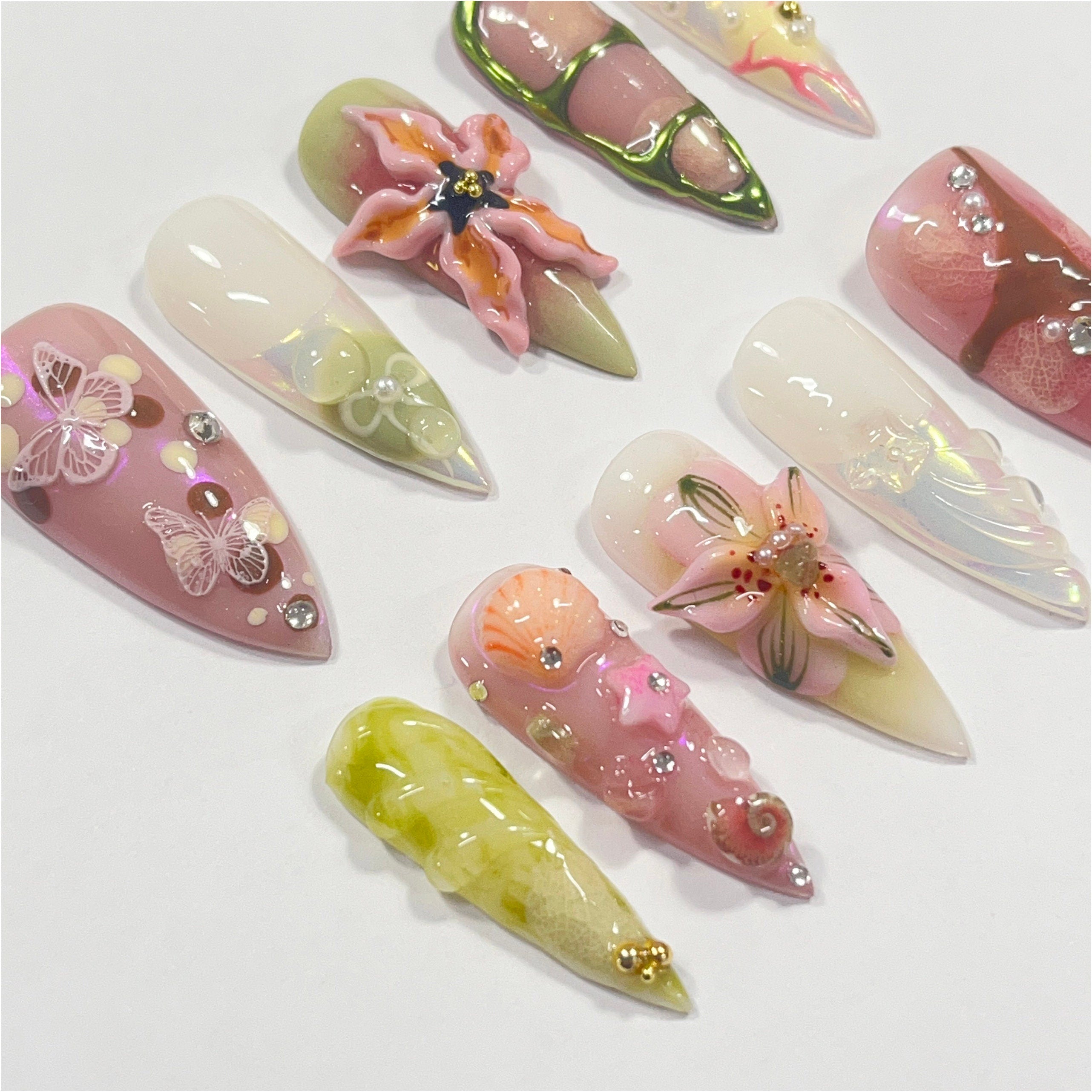 Fairy Dream Flower Garden Long Stiletto Press On Nails, 3D Gel Fairycore Fake Nails, Dreamy Nails for Birthday Vacation Holiday