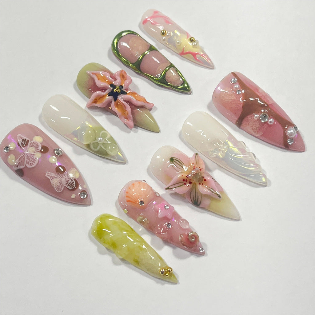 Fairy Dream Flower Garden Long Stiletto Press On Nails, 3D Gel Fairycore Fake Nails, Dreamy Nails for Birthday Vacation Holiday