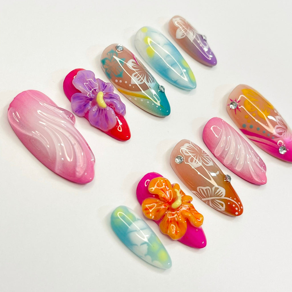 Trendy Colorful 3D Flower for Summer Medium Almond Press On Nail, Custom Design Nail Art,Fake/Flase Nail for Birthday Holiday Vacation Nail