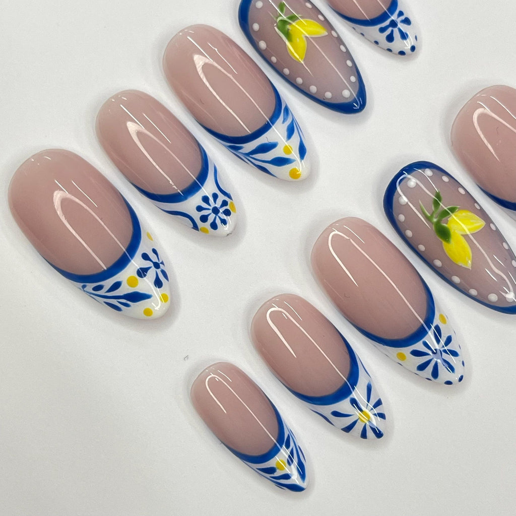 Grecee Summer French Tip Medium Almond Press On Nail, Custom Design Nail Art, Fake Nail for Birthday, Holiday Nail, Gift For Her