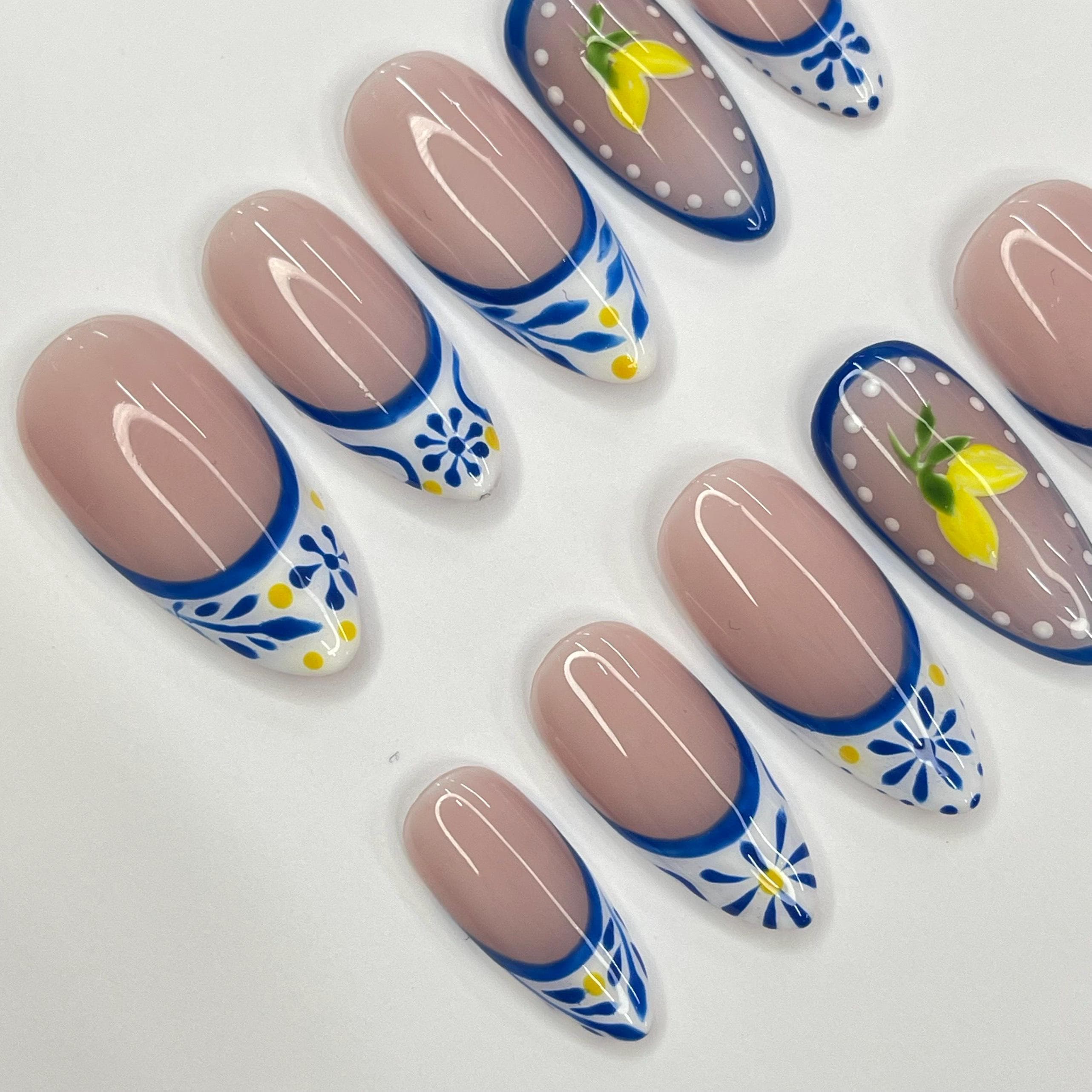 Grecee Summer French Tip Medium Almond Press On Nail, Custom Design Nail Art, Fake Nail for Birthday, Holiday Nail, Gift For Her