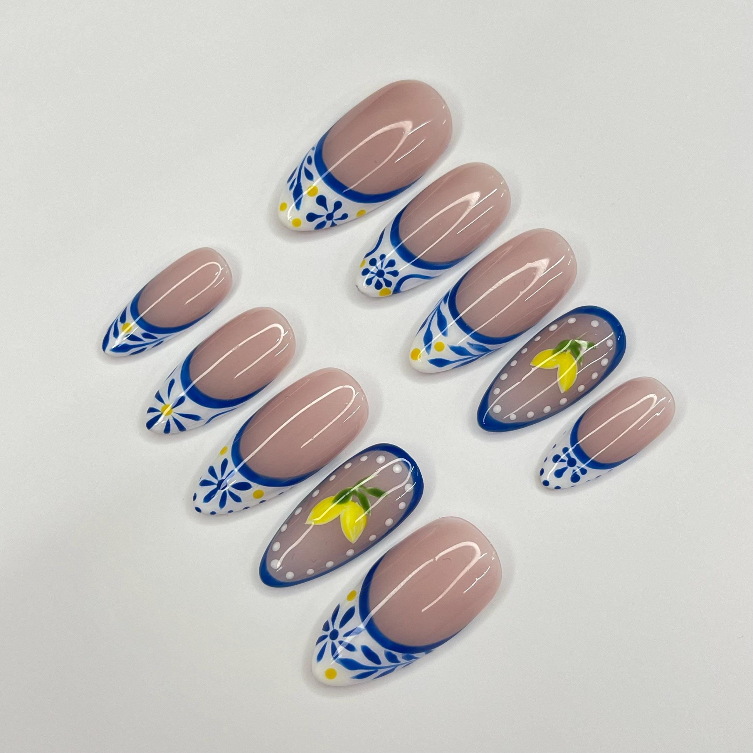 Grecee Summer French Tip Medium Almond Press On Nail, Custom Design Nail Art, Fake Nail for Birthday, Holiday Nail, Gift For Her