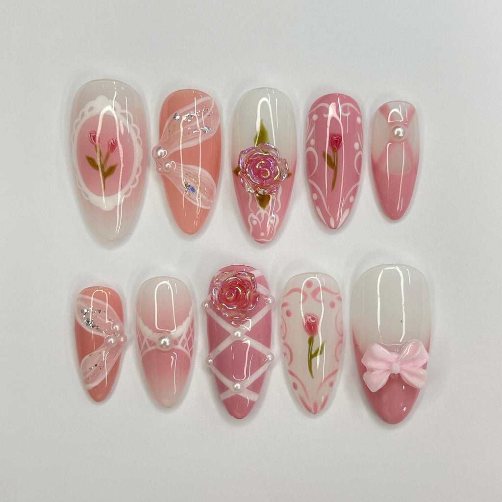 Pink Rose Ballerina Medium Almond Press On Nail, Custom Design Nail Art, Fake Nail for Birthday, Holiday Nail, Gift For Her