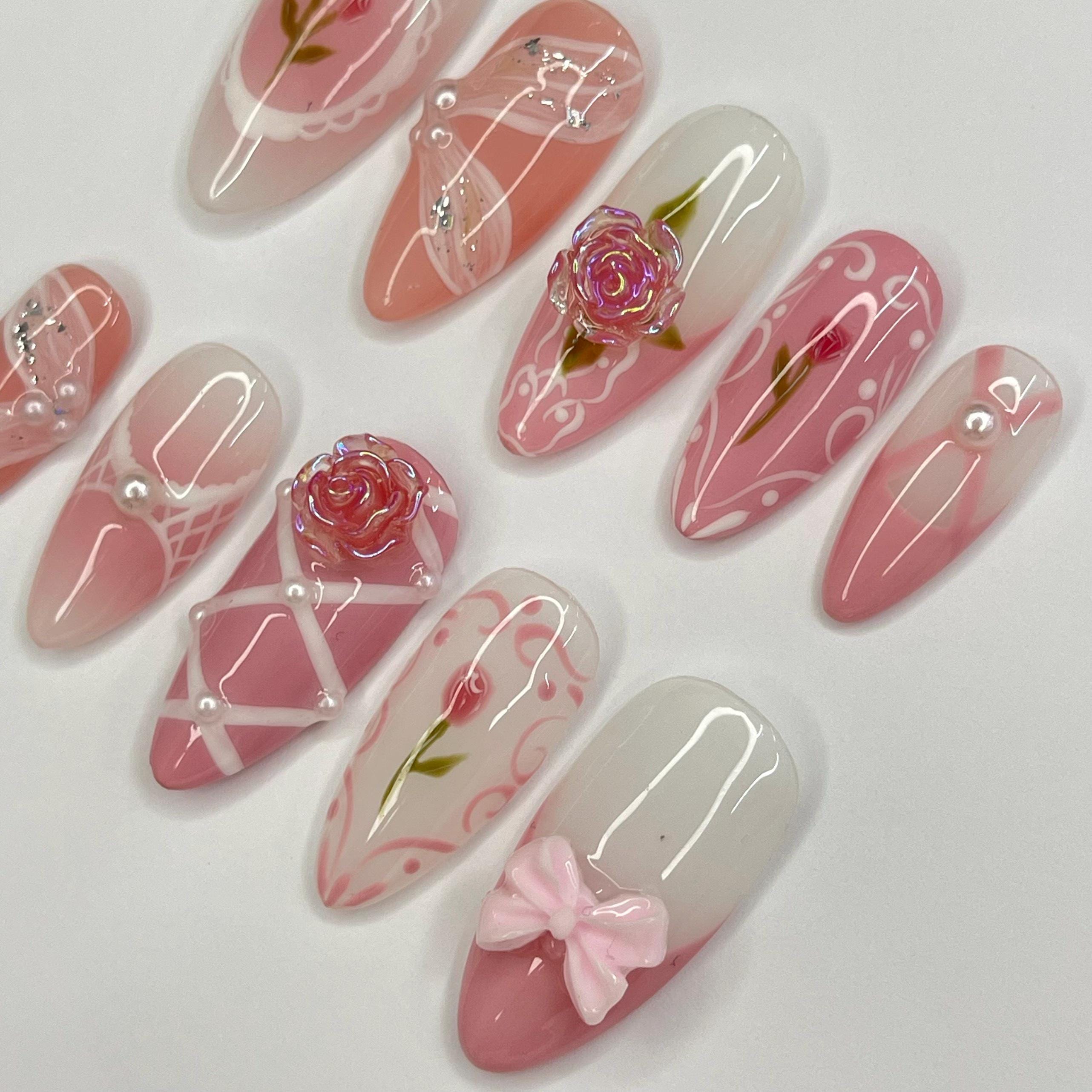 Pink Rose Ballerina Medium Almond Press On Nail, Custom Design Nail Art, Fake Nail for Birthday, Holiday Nail, Gift For Her