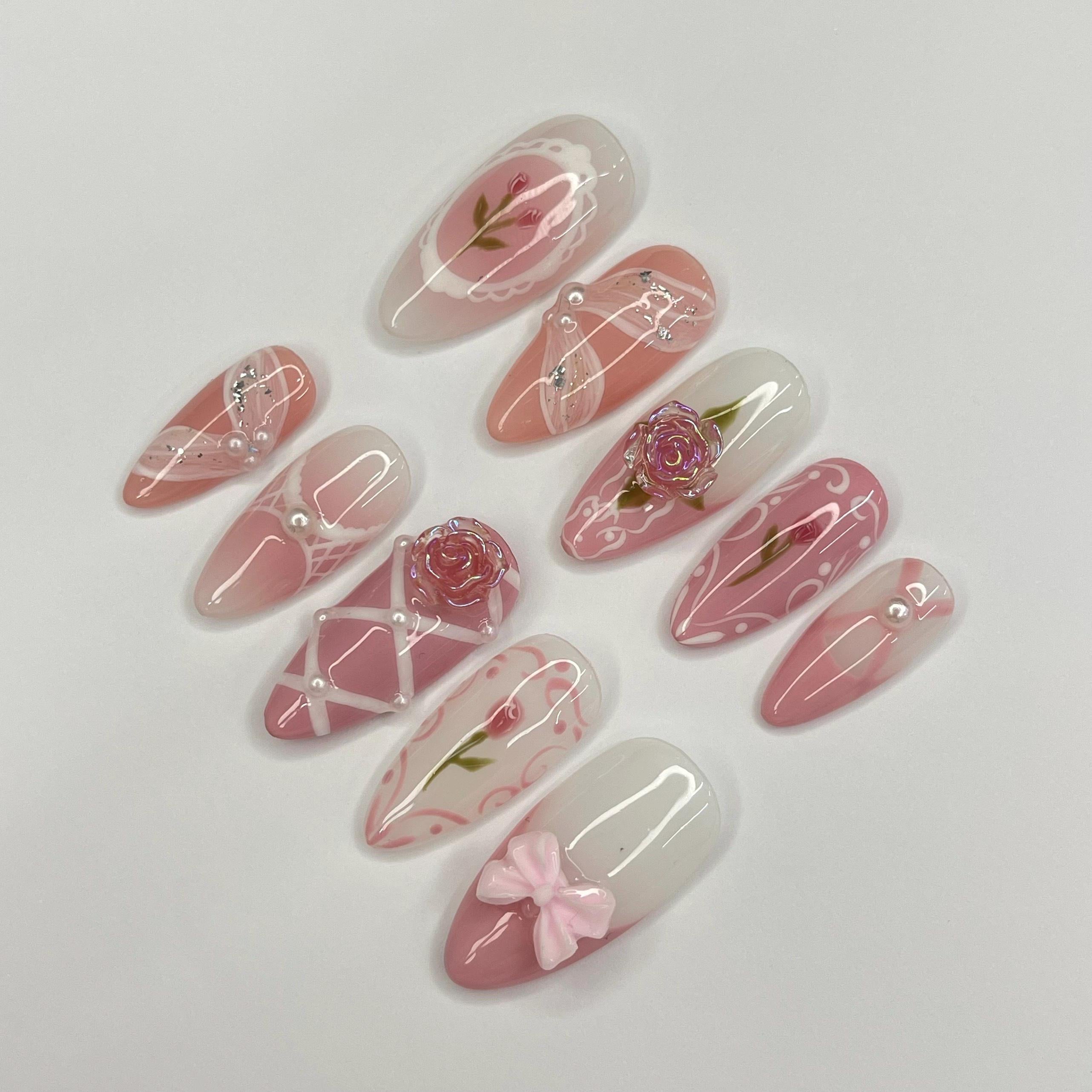 Pink Rose Ballerina Medium Almond Press On Nail, Custom Design Nail Art, Fake Nail for Birthday, Holiday Nail, Gift For Her