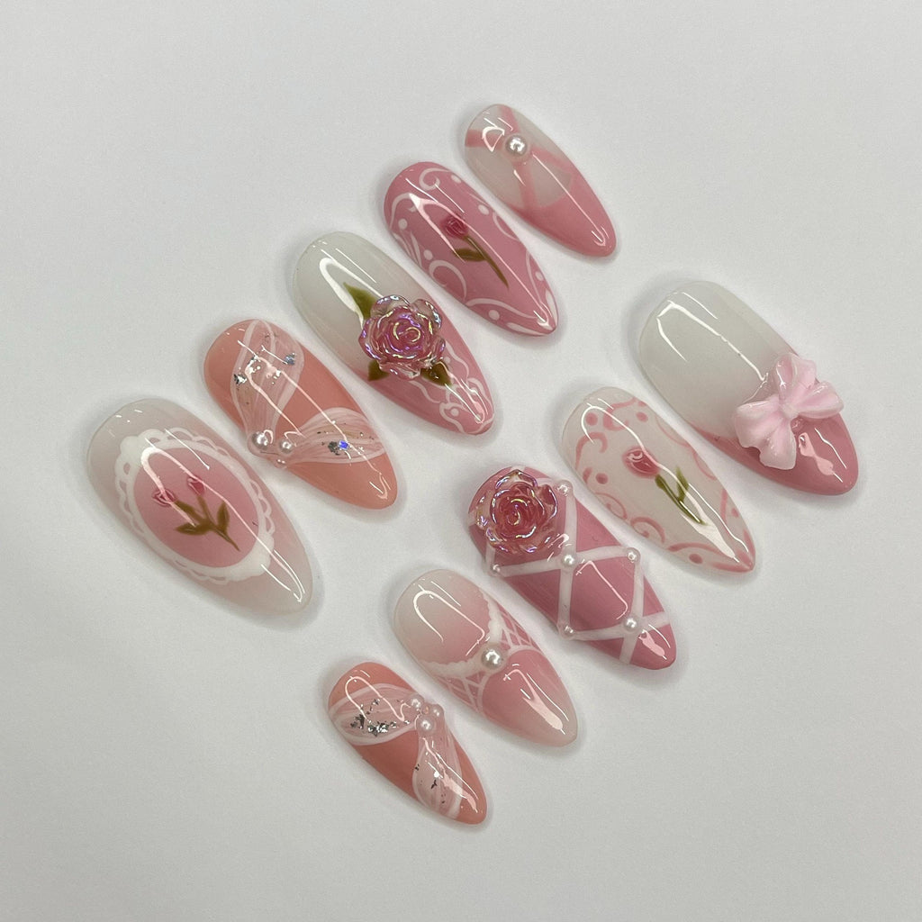 Pink Rose Ballerina Medium Almond Press On Nail, Custom Design Nail Art, Fake Nail for Birthday, Holiday Nail, Gift For Her