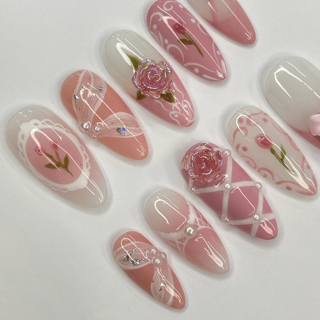 Pink Rose Ballerina Medium Almond Press On Nail, Custom Design Nail Art, Fake Nail for Birthday, Holiday Nail, Gift For Her