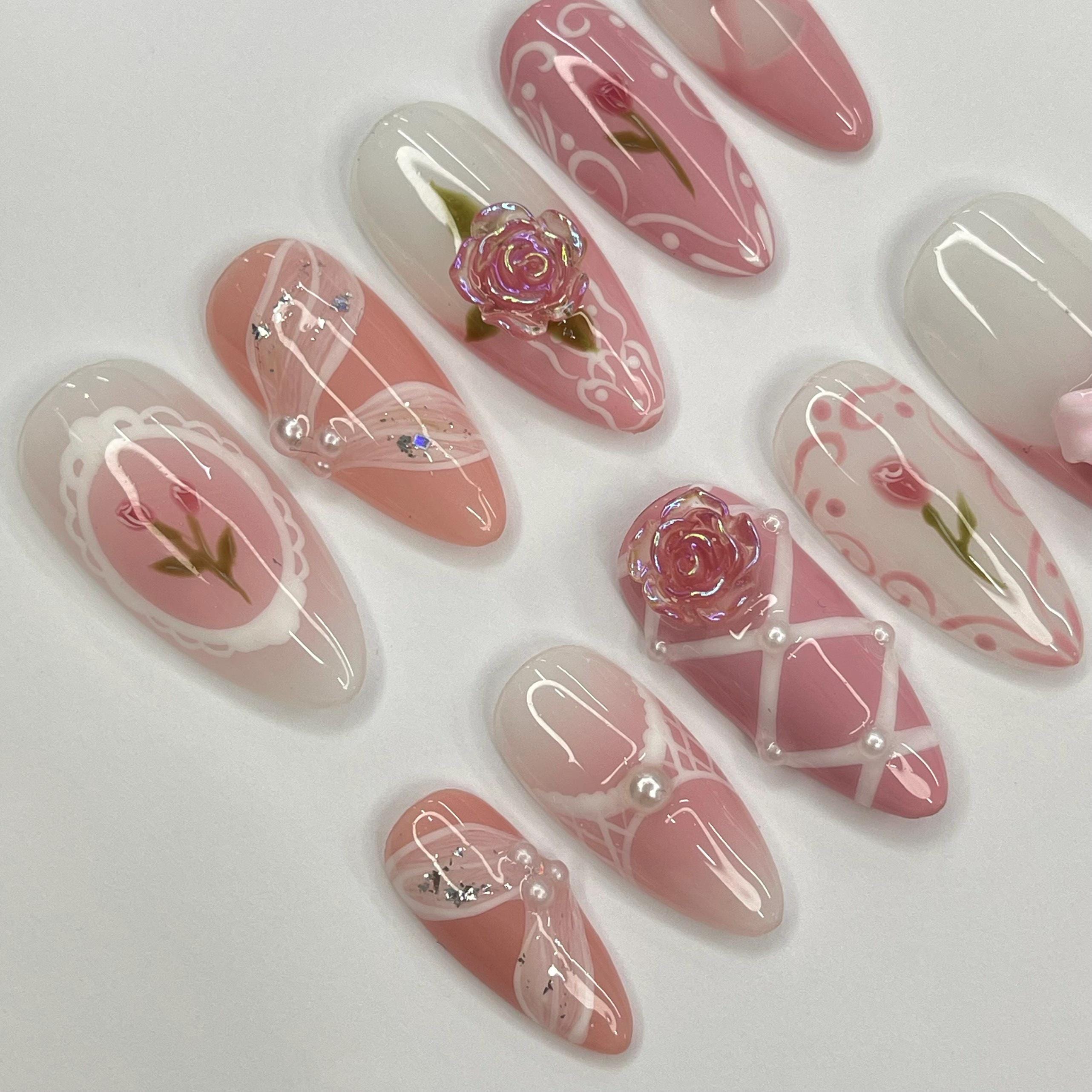 Pink Rose Ballerina Medium Almond Press On Nail, Custom Design Nail Art, Fake Nail for Birthday, Holiday Nail, Gift For Her