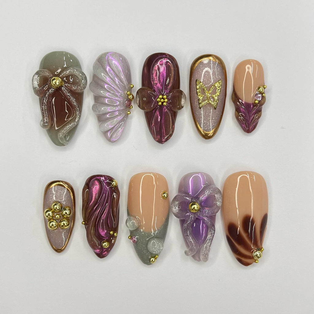 Elegant Nail With Bow & SeaShell Medium Almond Press On Nail, Custom Design Nail Art, Fake Nail for Birthday, Holiday Nail, Gift For Her