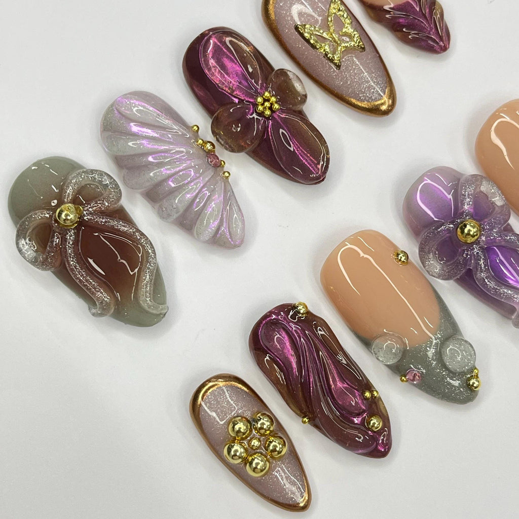 Elegant Nail With Bow & SeaShell Medium Almond Press On Nail, Custom Design Nail Art, Fake Nail for Birthday, Holiday Nail, Gift For Her