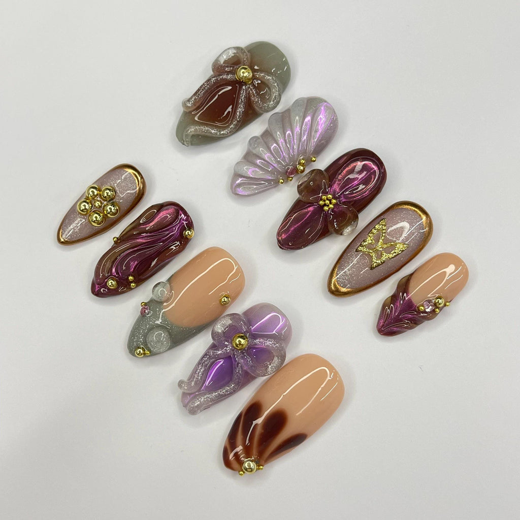 Elegant Nail With Bow & SeaShell Medium Almond Press On Nail, Custom Design Nail Art, Fake Nail for Birthday, Holiday Nail, Gift For Her