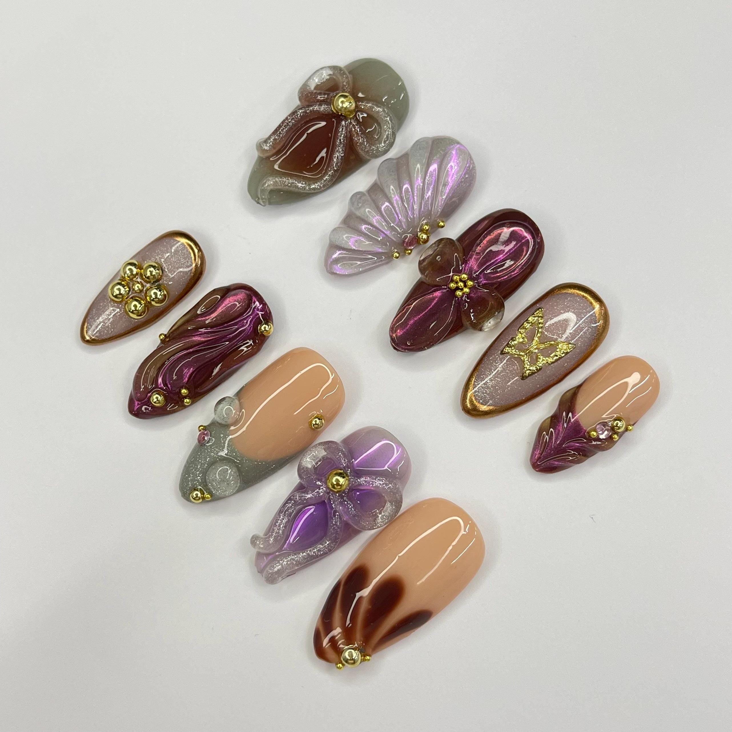 Elegant Nail With Bow & SeaShell Medium Almond Press On Nail, Custom Design Nail Art, Fake Nail for Birthday, Holiday Nail, Gift For Her