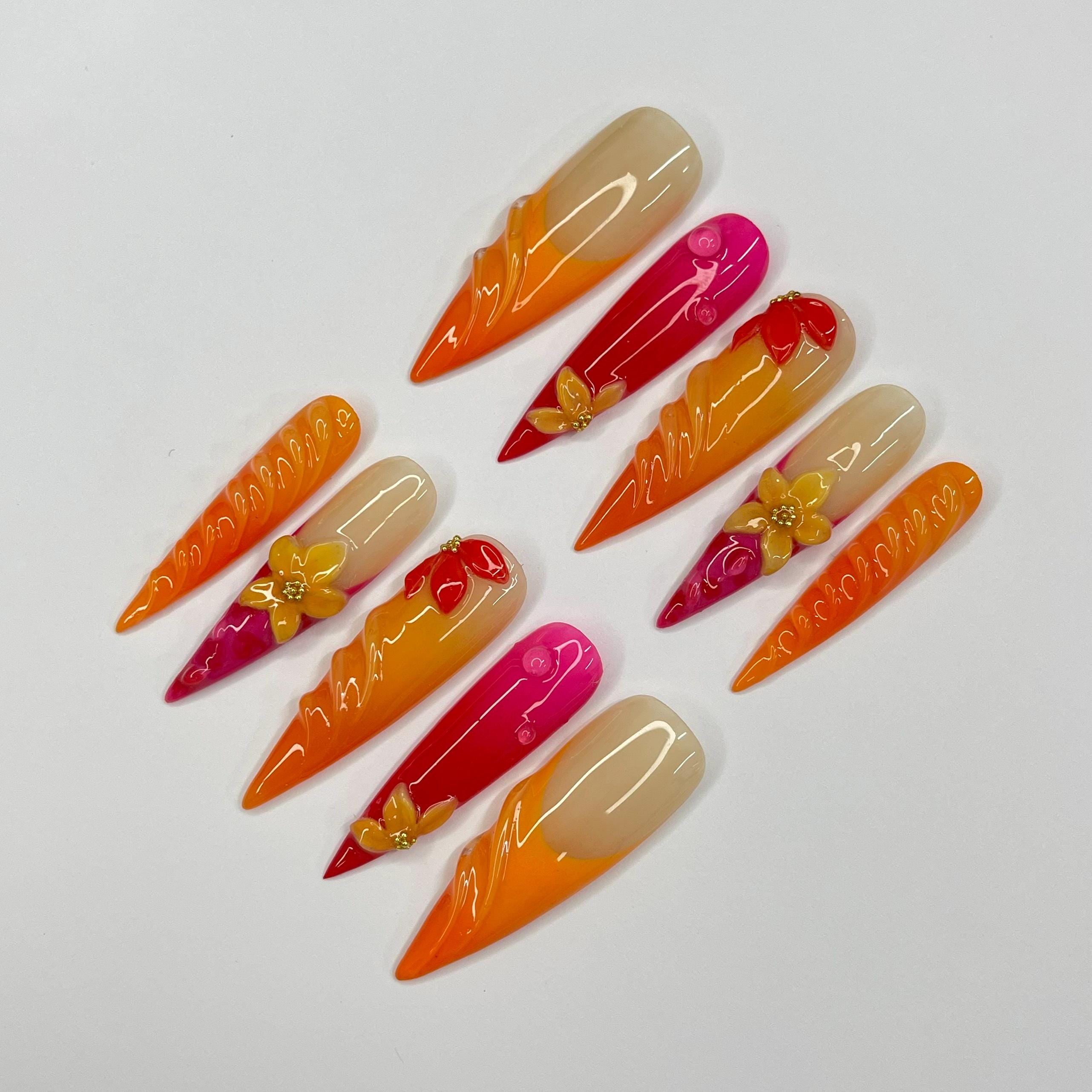Sunset Flower Long Stiletto Press On Nail, Custom Design Nail Art, Fake Nail for Birthday, Holiday Nail, Gift For Her
