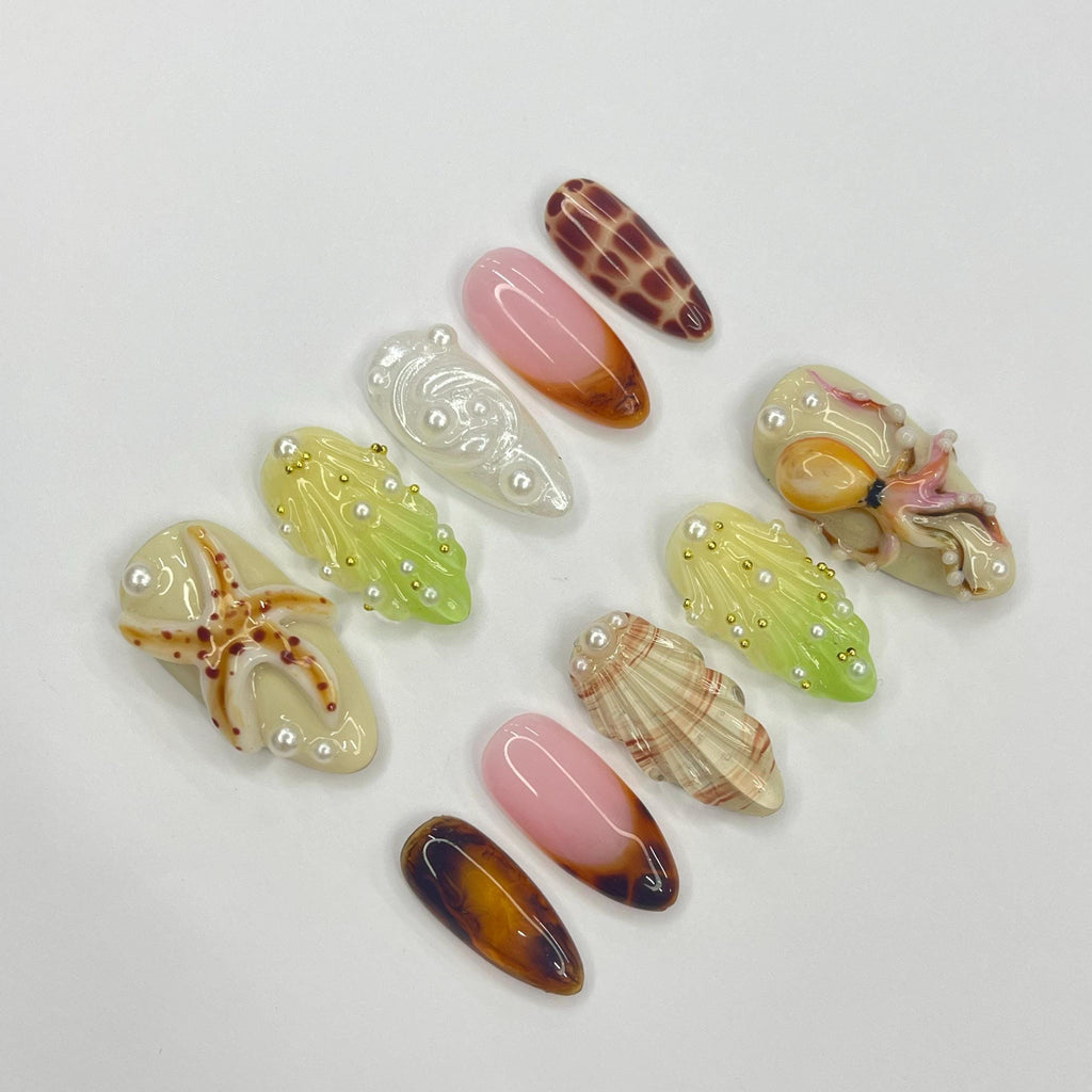 Octopus 3D Almond Press On Nails, Floral Handmade Gel False Nails for Birthday Event Party Holiday Vacation, Spring Nails