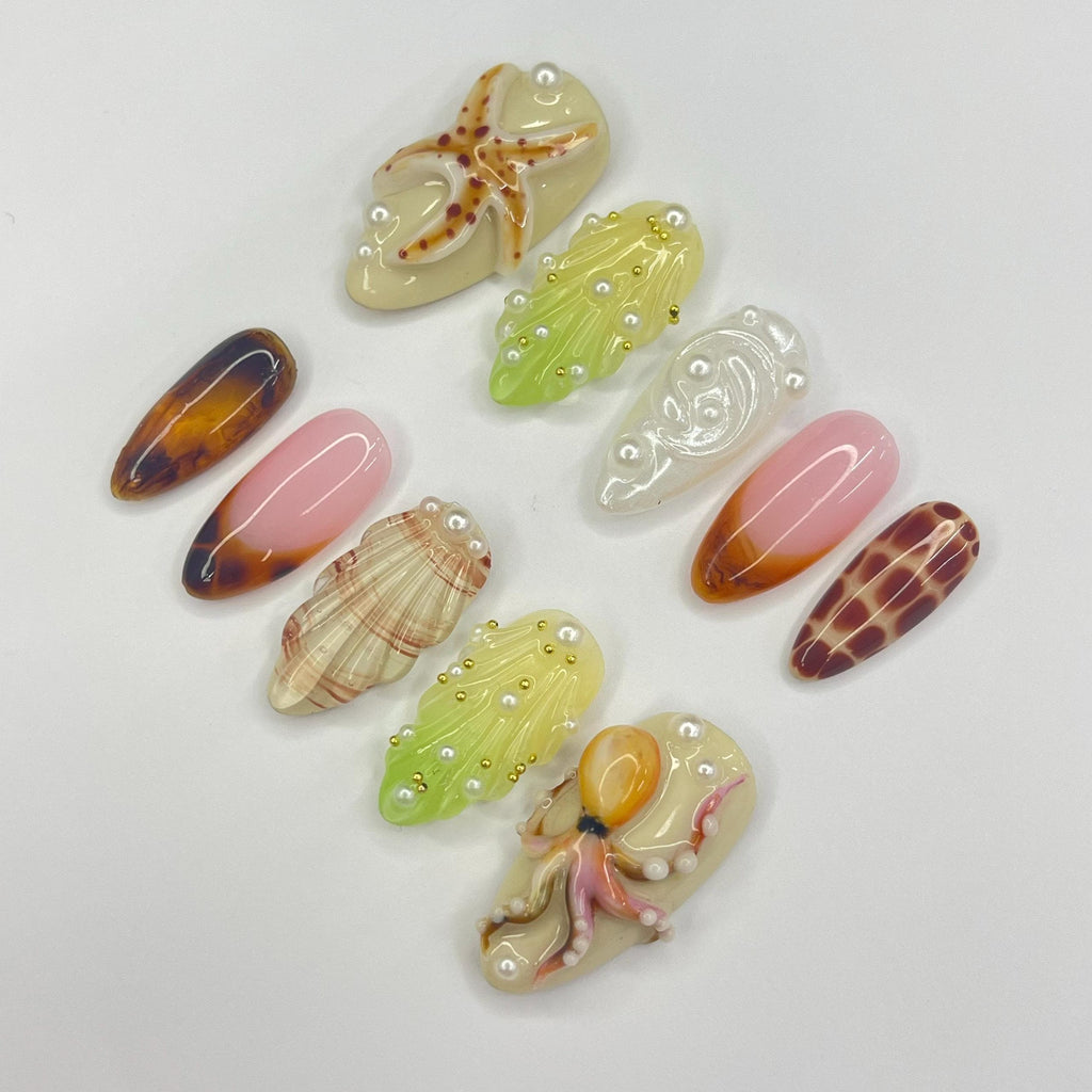 Octopus 3D Almond Press On Nails, Floral Handmade Gel False Nails for Birthday Event Party Holiday Vacation, Spring Nails