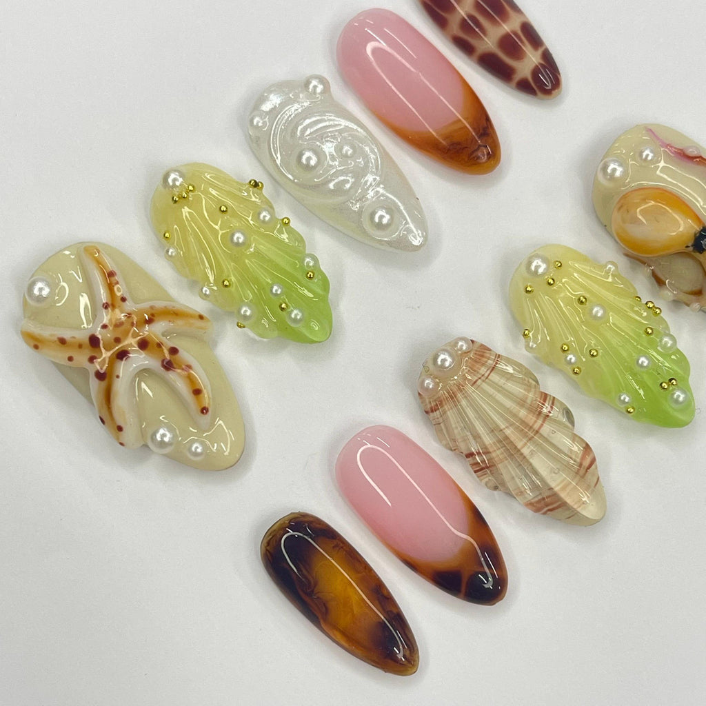 Octopus 3D Almond Press On Nails, Floral Handmade Gel False Nails for Birthday Event Party Holiday Vacation, Spring Nails