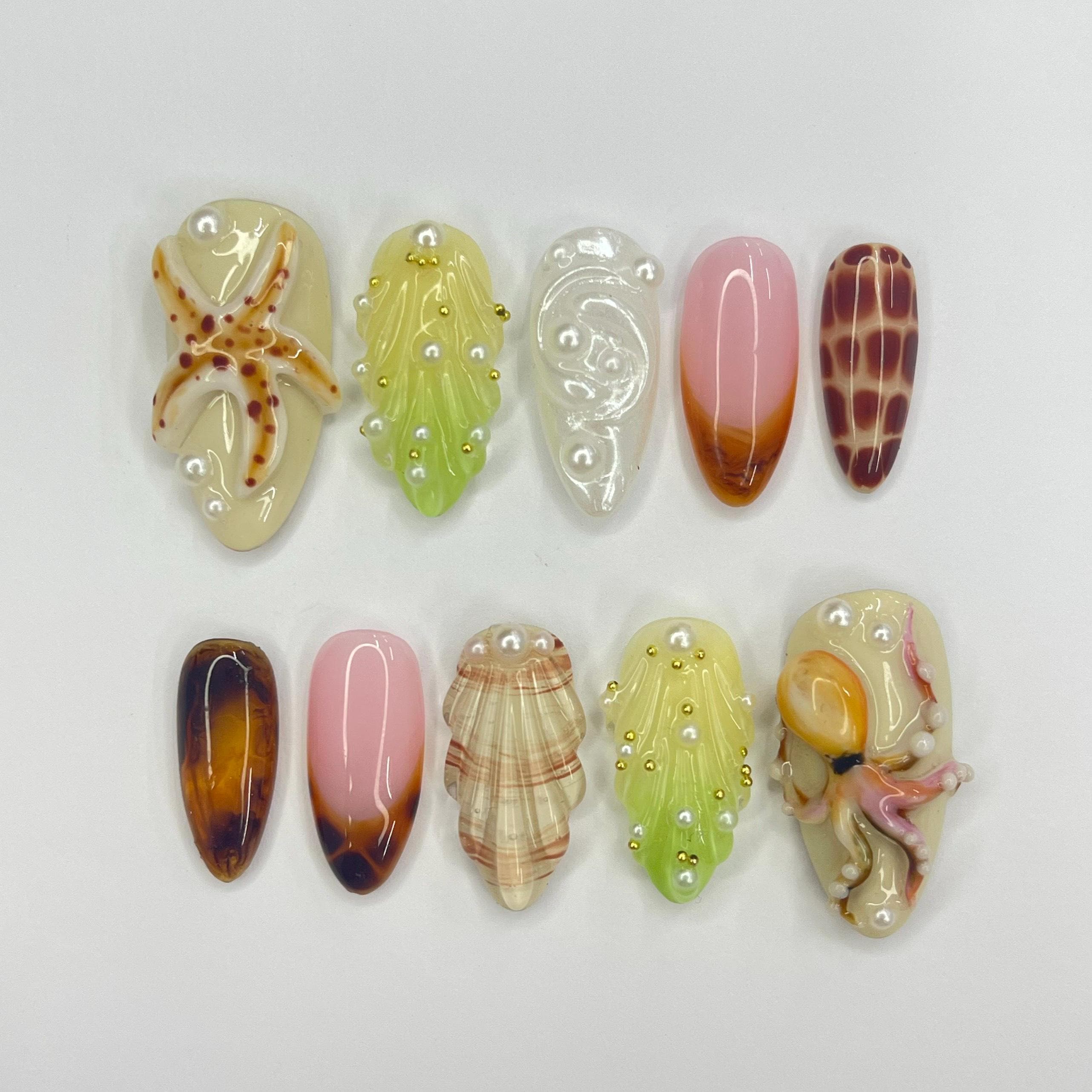 Octopus 3D Almond Press On Nails, Floral Handmade Gel False Nails for Birthday Event Party Holiday Vacation, Spring Nails