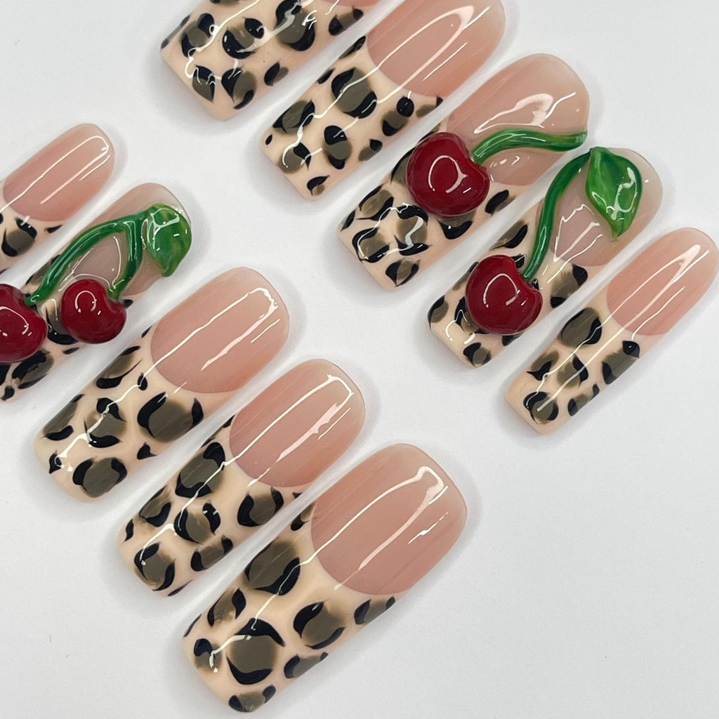 Leopard Print With Cherry Long Square Press On Nail, Custom Design Nail Art, Fake Nail for Birthday, Holiday Nail, Gift For Her