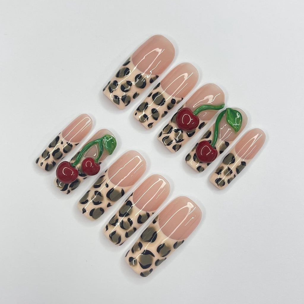 Leopard Print With Cherry Long Square Press On Nail, Custom Design Nail Art, Fake Nail for Birthday, Holiday Nail, Gift For Her