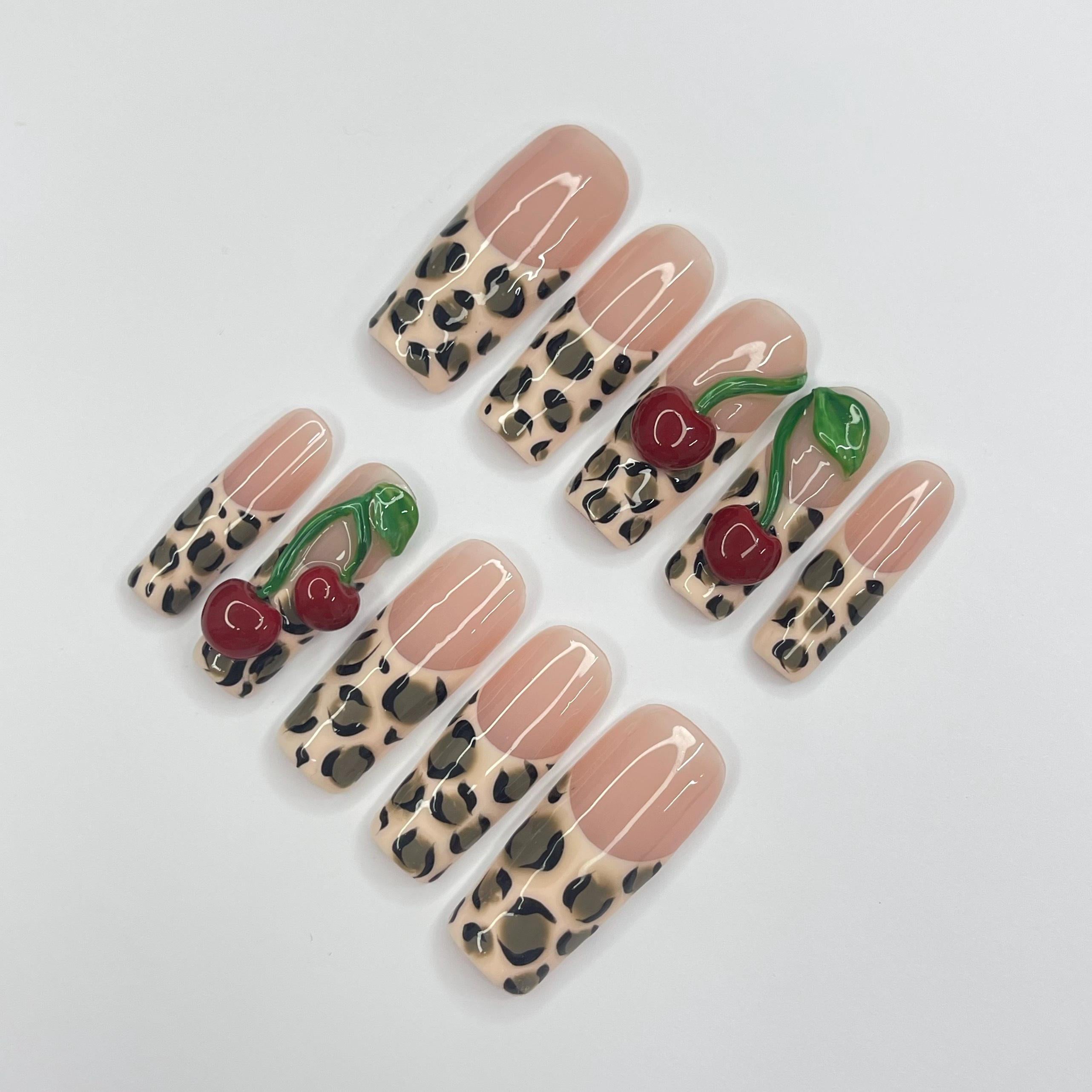 Leopard Print With Cherry Long Square Press On Nail, Custom Design Nail Art, Fake Nail for Birthday, Holiday Nail, Gift For Her