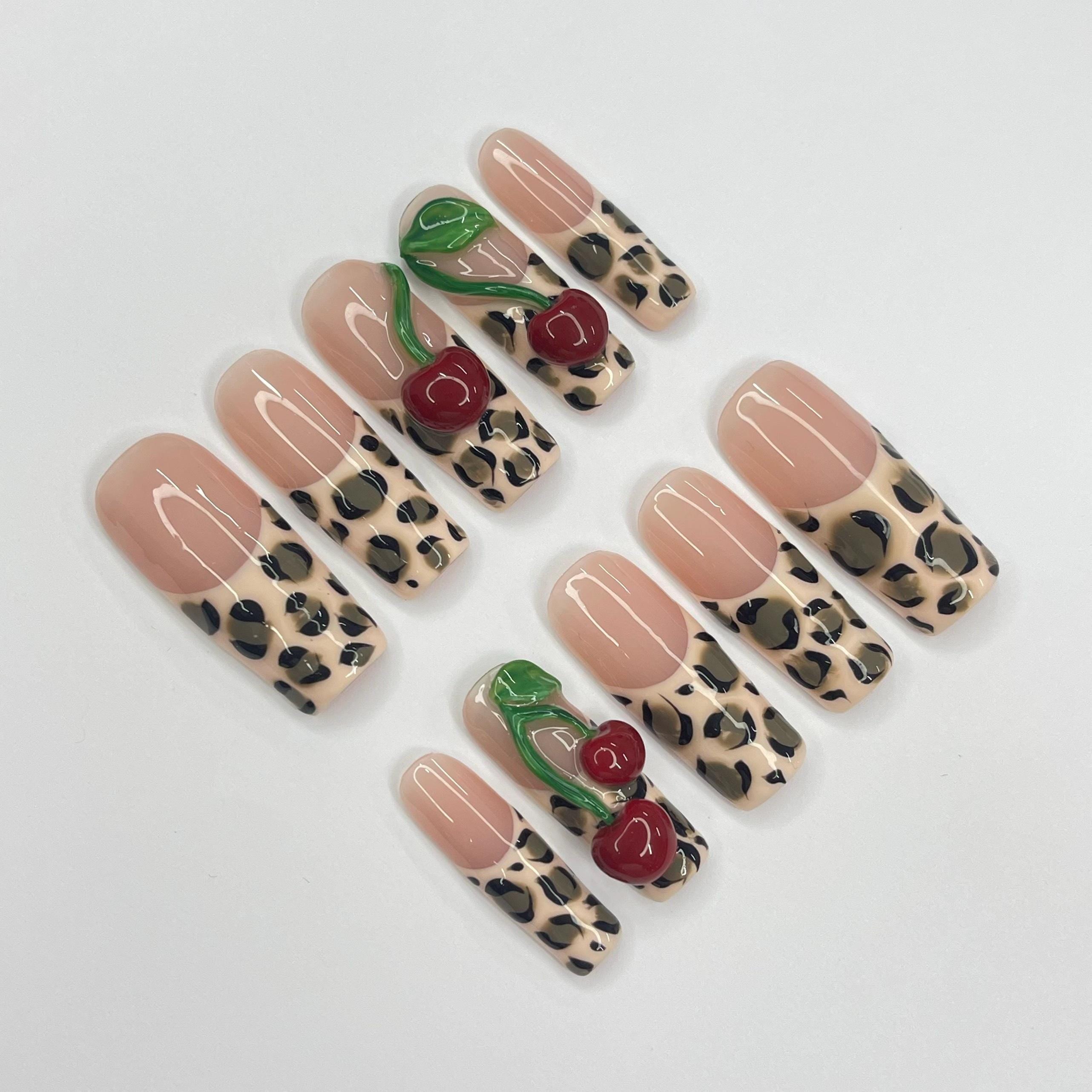Leopard Print With Cherry Long Square Press On Nail, Custom Design Nail Art, Fake Nail for Birthday, Holiday Nail, Gift For Her