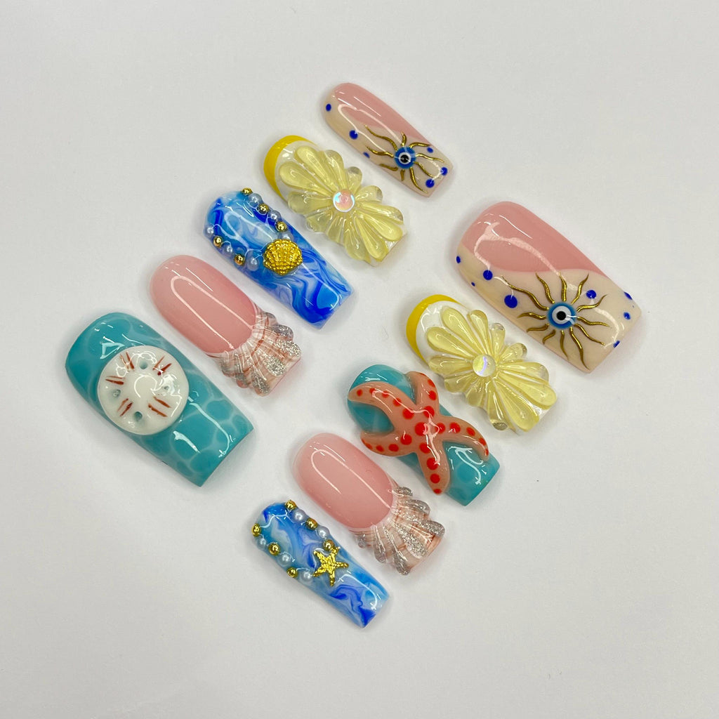 Summer Theme Medium Square Press On Nails, Ocean Inspired Fake Nails Art, 3D Gel Nails for Summer Holiday, Vacation, Event