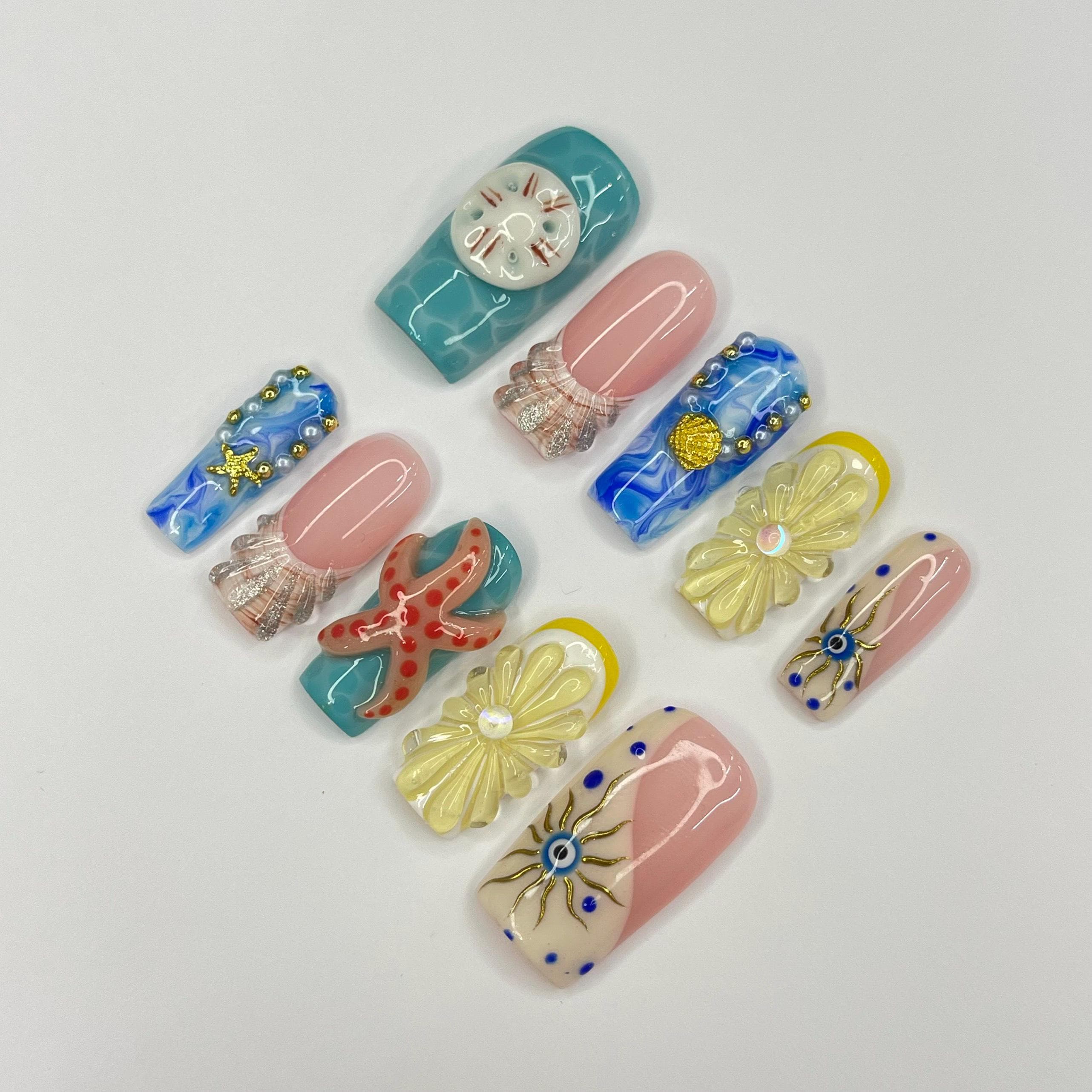 Summer Theme Medium Square Press On Nails, Ocean Inspired Fake Nails Art, 3D Gel Nails for Summer Holiday, Vacation, Event