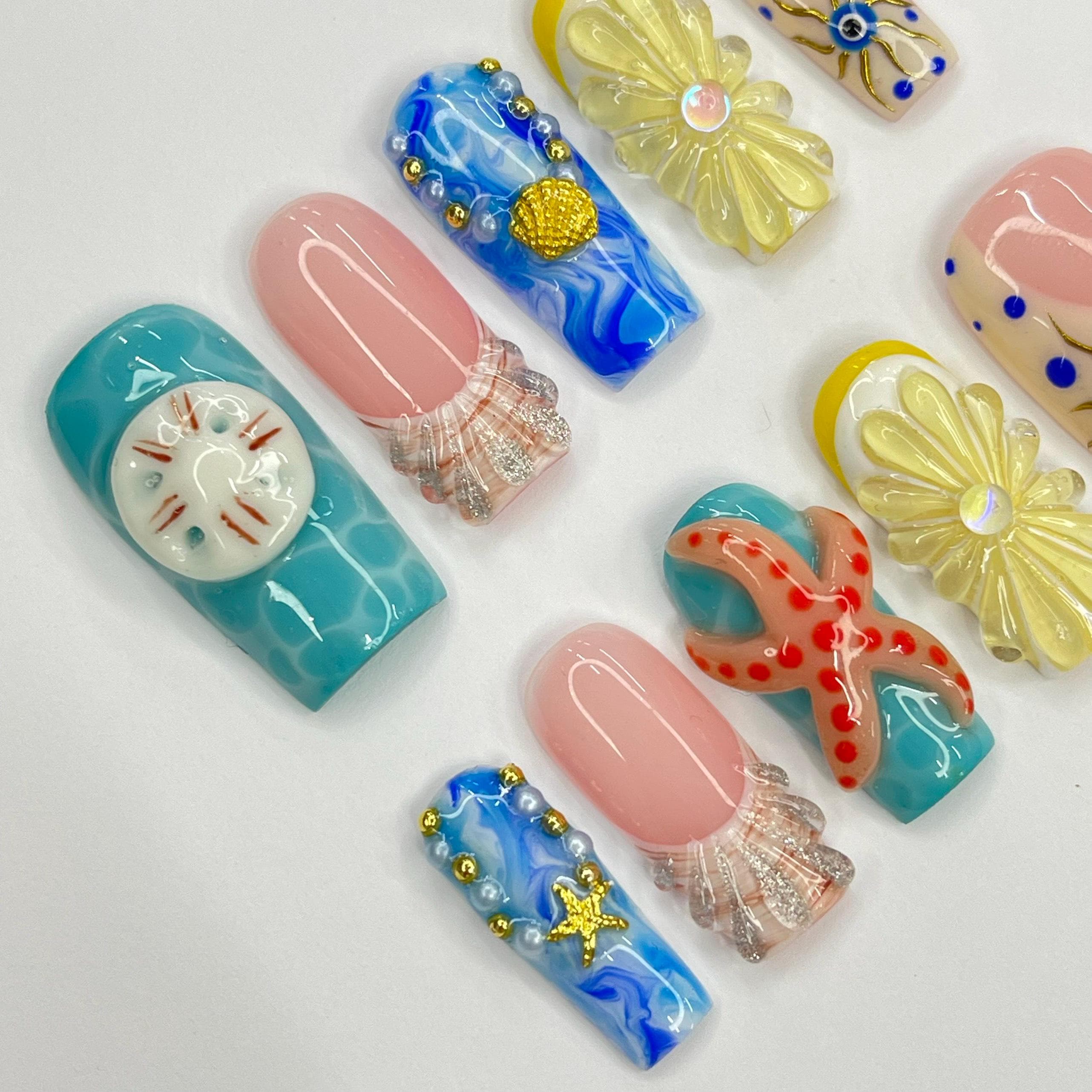 Summer Theme Medium Square Press On Nails, Ocean Inspired Fake Nails Art, 3D Gel Nails for Summer Holiday, Vacation, Event
