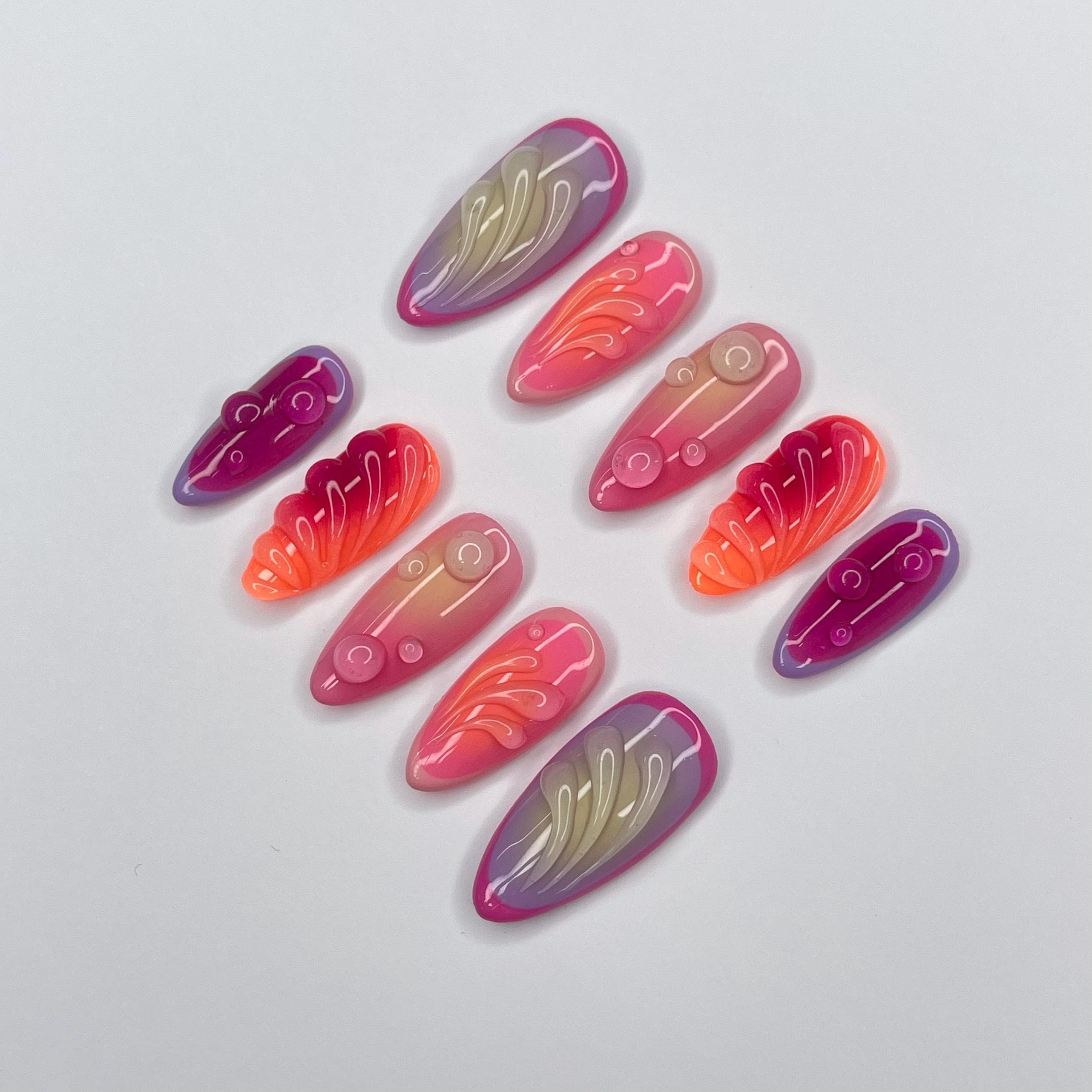 Freestyle Aura 3D Gel Medium Almomd Press On Nails, 3D Gel Nails Holiday, Vacation, Event, Gift For Her, Custom Nail Art