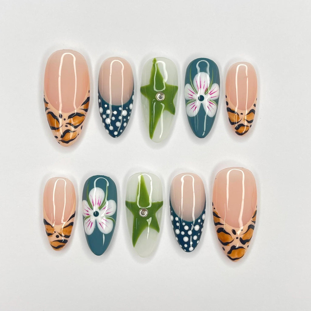 Zebra Print French Tip Medium Almond Press On Nails, 3D Gel Nails for Summer Holiday, Vacation, Event, Gift For Her