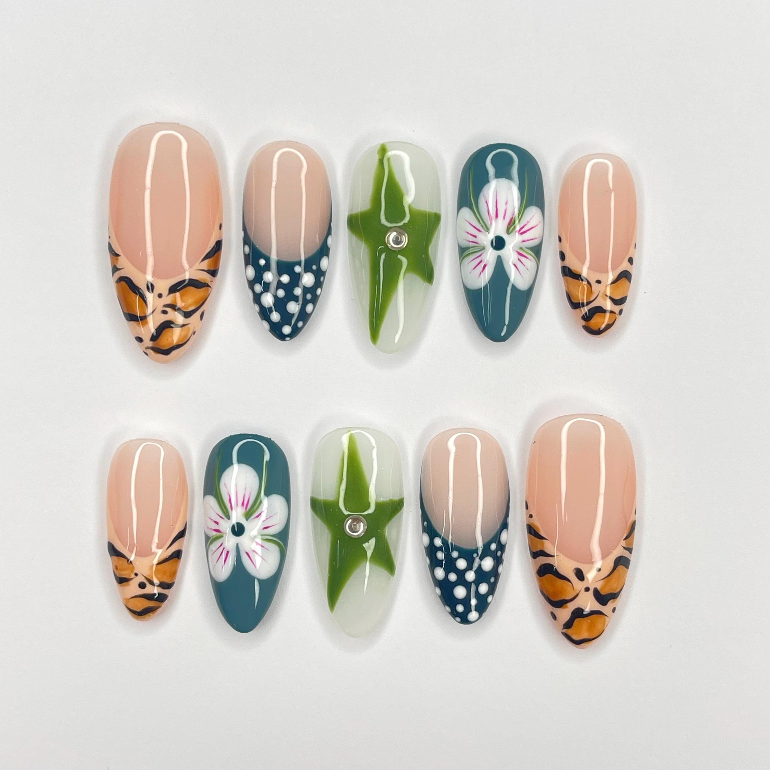 Zebra Print French Tip Medium Almond Press On Nails, 3D Gel Nails for Summer Holiday, Vacation, Event, Gift For Her