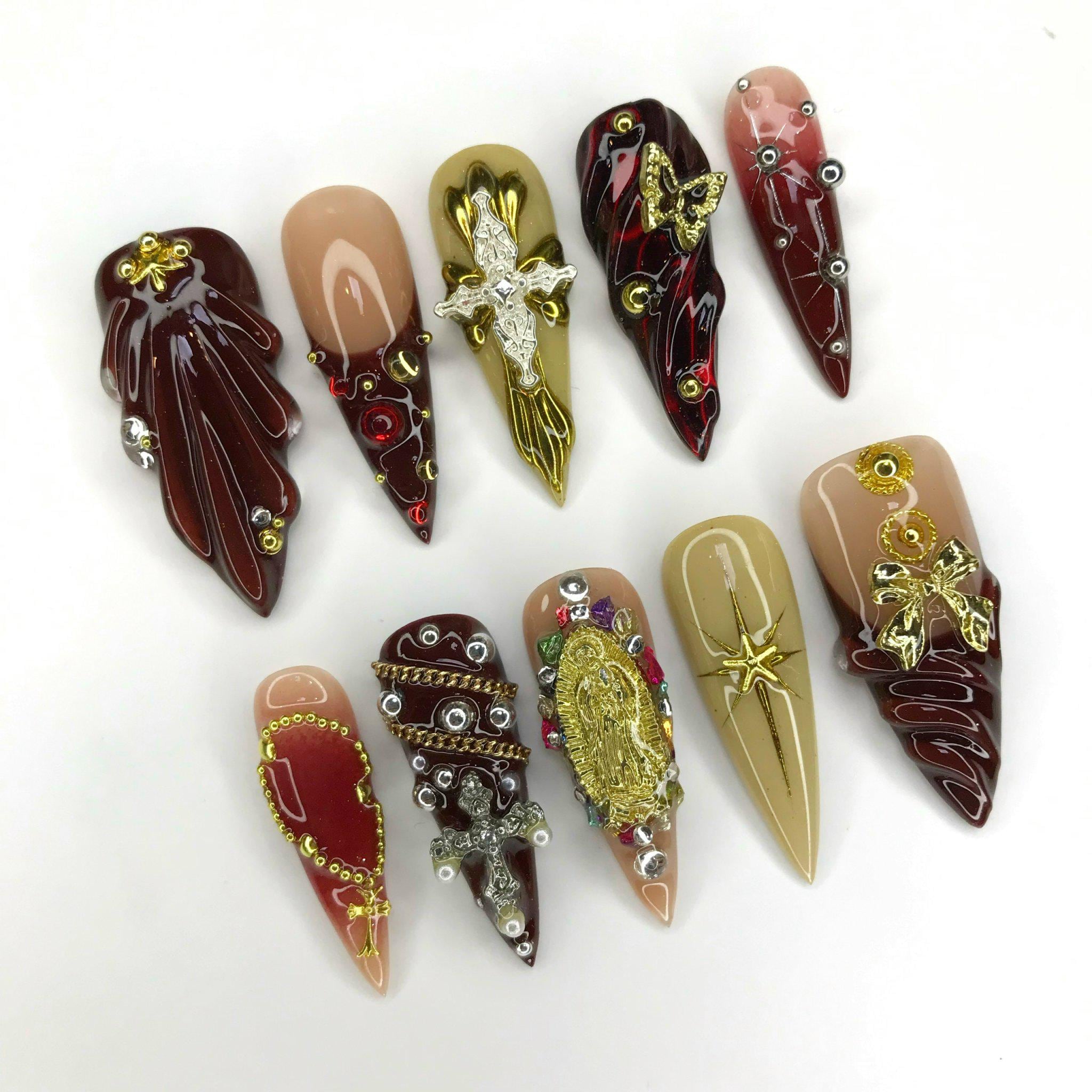 Red & Gold Renaissance Long Stiletto Press On Nails, Unique Design Royal Theme Fake Nail Art for Birthday, Holiday, Vacation, Gift For Her