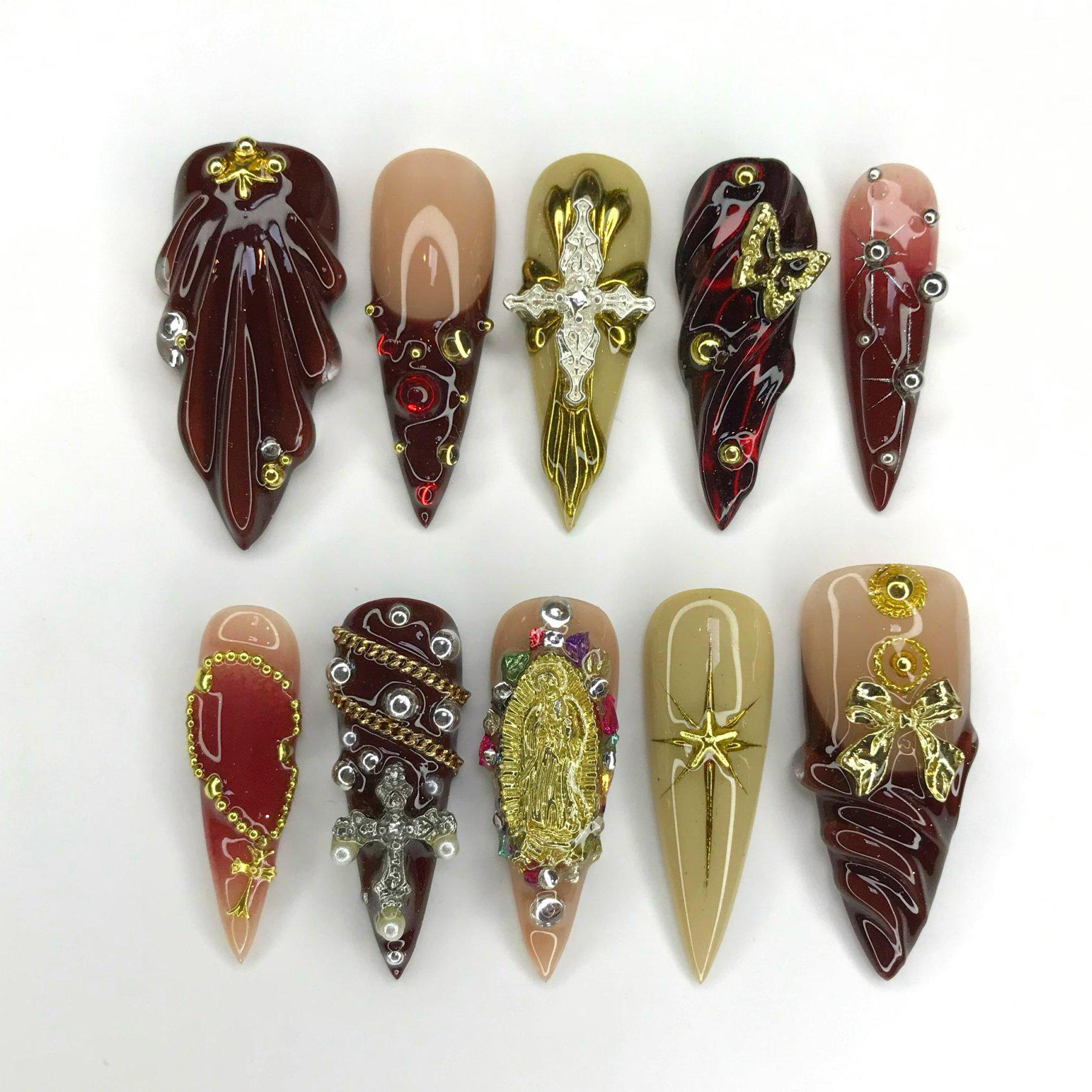Red & Gold Renaissance Long Stiletto Press On Nails, Unique Design Royal Theme Fake Nail Art for Birthday, Holiday, Vacation, Gift For Her
