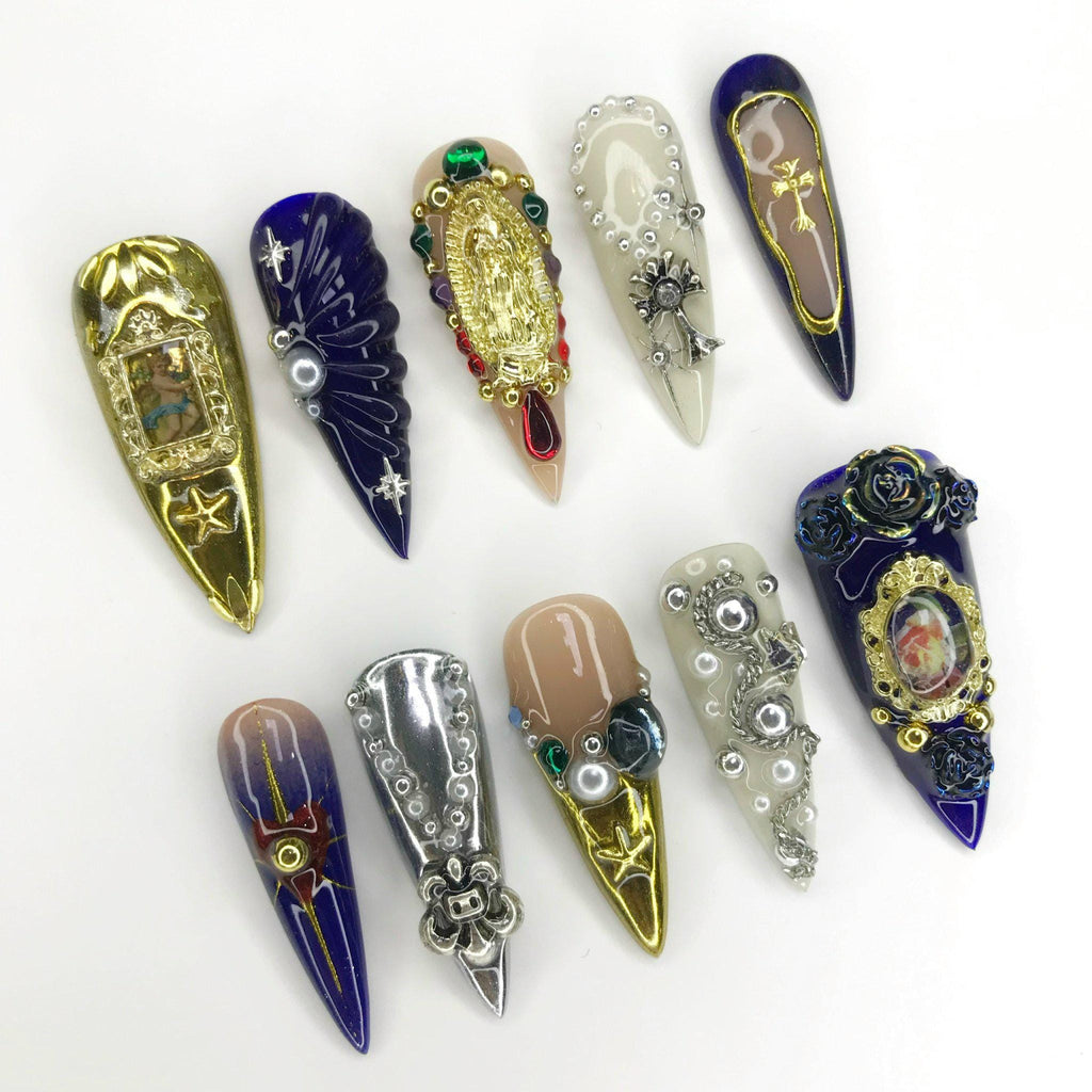 Elegant 3D Freestyl Gold Chrome Long Stiletto Press On Nail, Custom Design Nail Art, Fake Nail for Birthday, Holiday Nail, Gift For Her