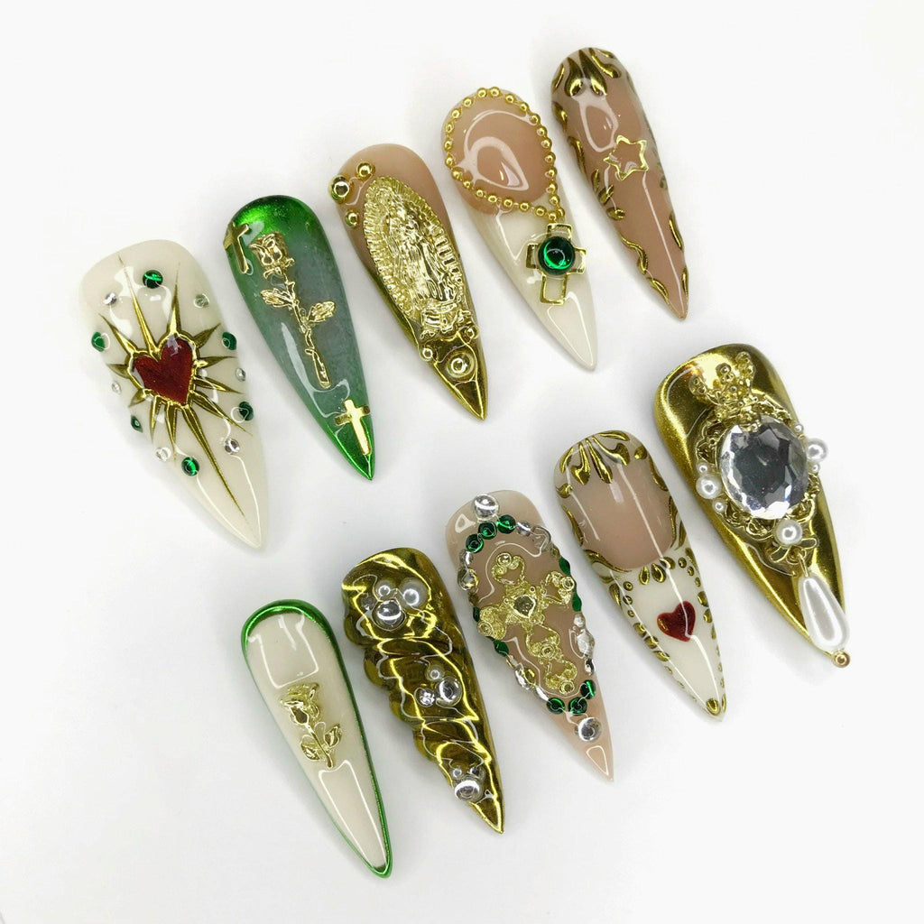 Elegant Virgin Mary Nail Long Stiletto Press On Nail, Custom Design Nail Art, Fake Nail for Birthday, Holiday Nail, Gift For Her