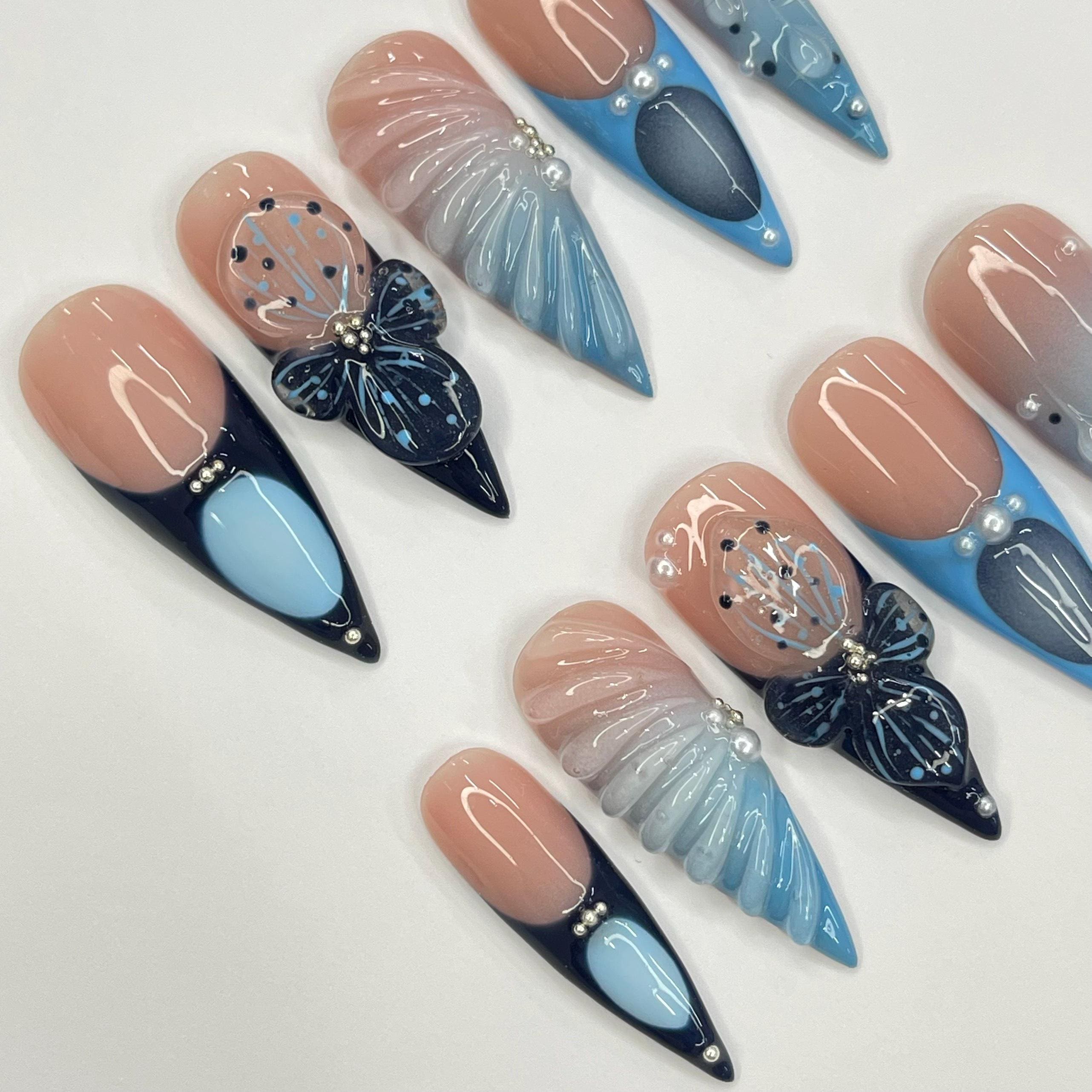 3D Gel With Blue French Tip Long Stiletto Press On Nail, Custom Design Nail Art, Fake Nail for Birthday, Holiday Nail, Gift For Her