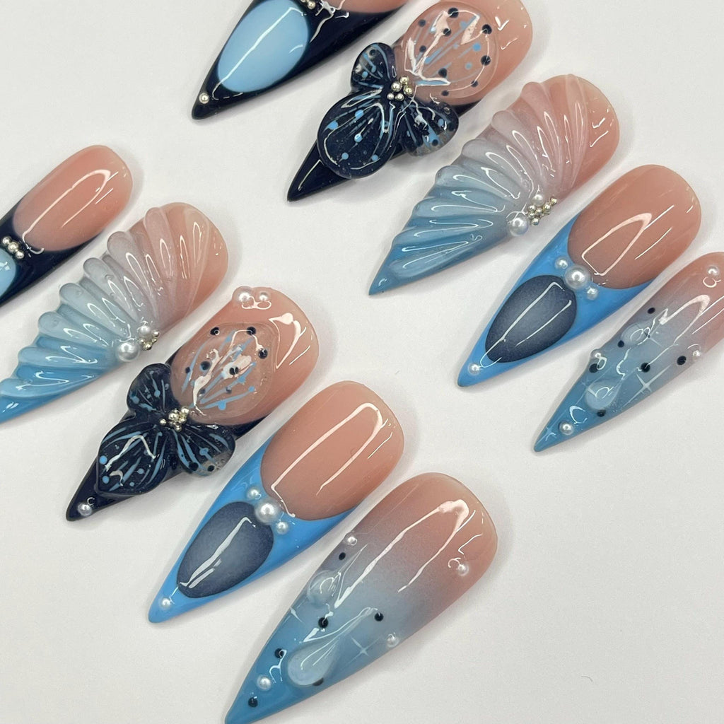 3D Gel With Blue French Tip Long Stiletto Press On Nail, Custom Design Nail Art, Fake Nail for Birthday, Holiday Nail, Gift For Her