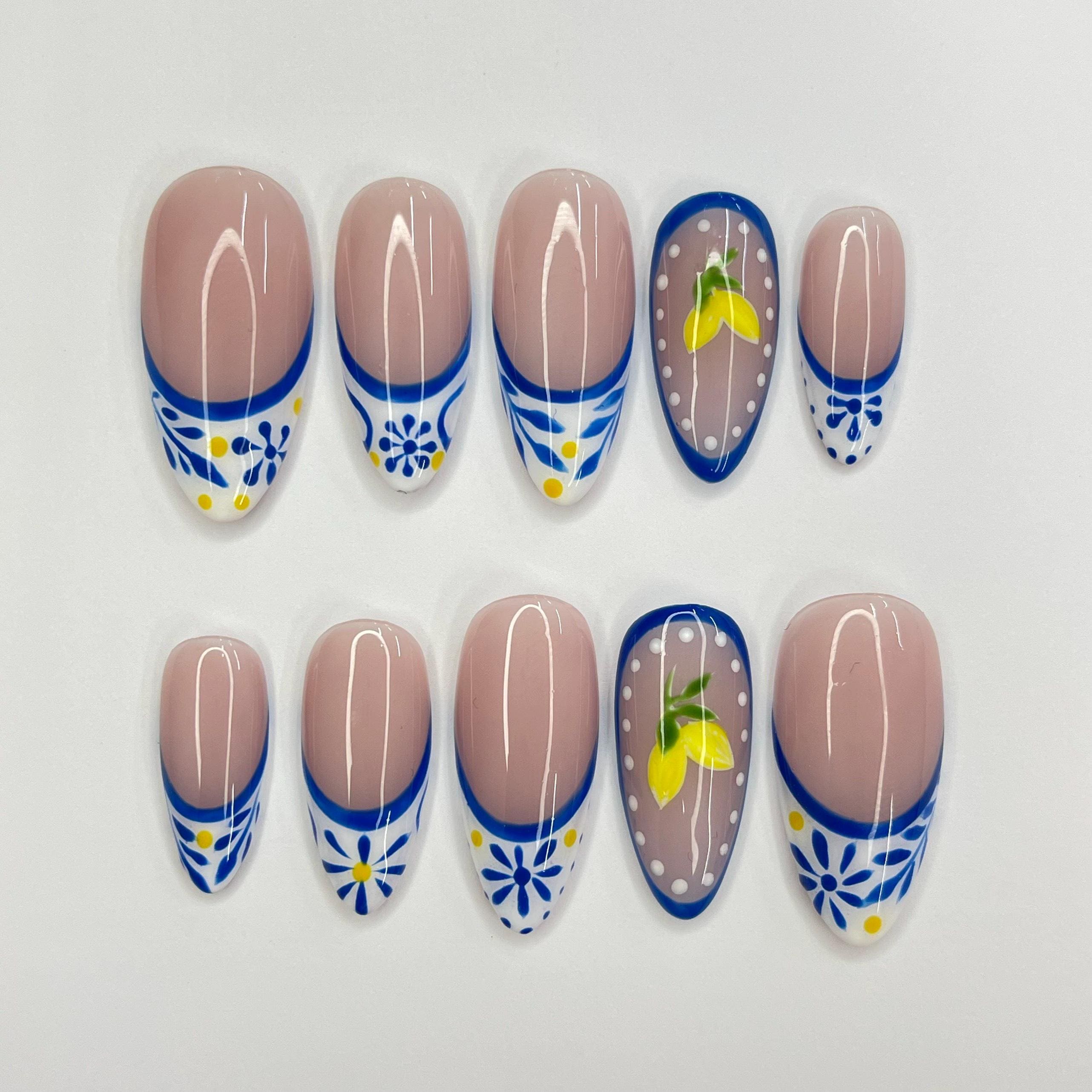 Grecee Summer French Tip Medium Almond Press On Nail, Custom Design Nail Art, Fake Nail for Birthday, Holiday Nail, Gift For Her