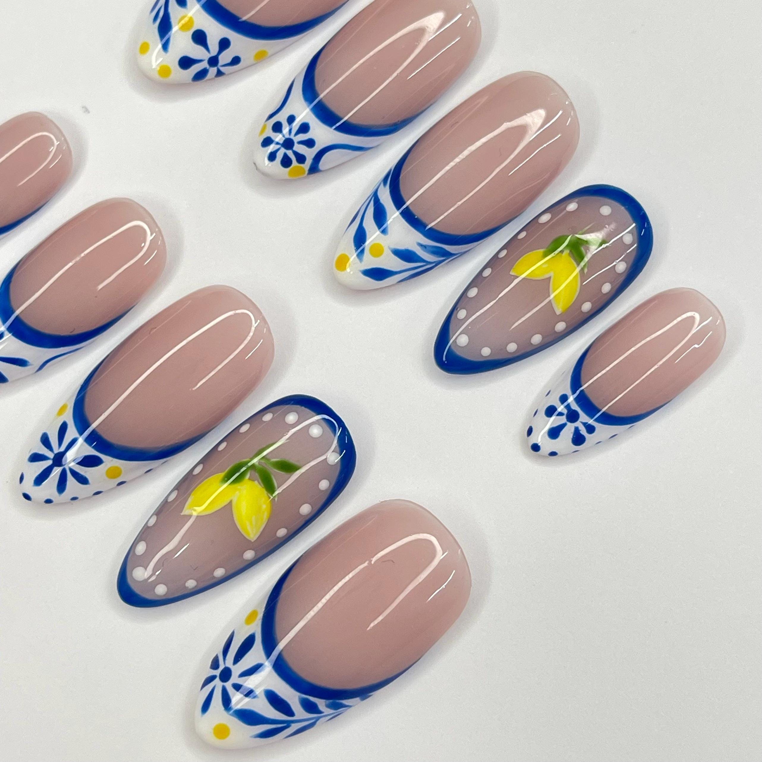 Grecee Summer French Tip Medium Almond Press On Nail, Custom Design Nail Art, Fake Nail for Birthday, Holiday Nail, Gift For Her