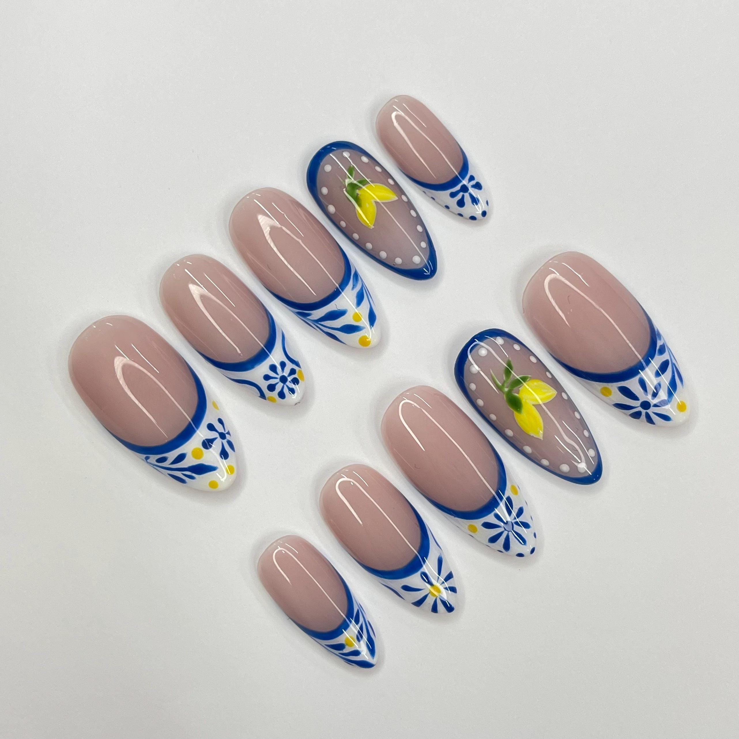 Grecee Summer French Tip Medium Almond Press On Nail, Custom Design Nail Art, Fake Nail for Birthday, Holiday Nail, Gift For Her