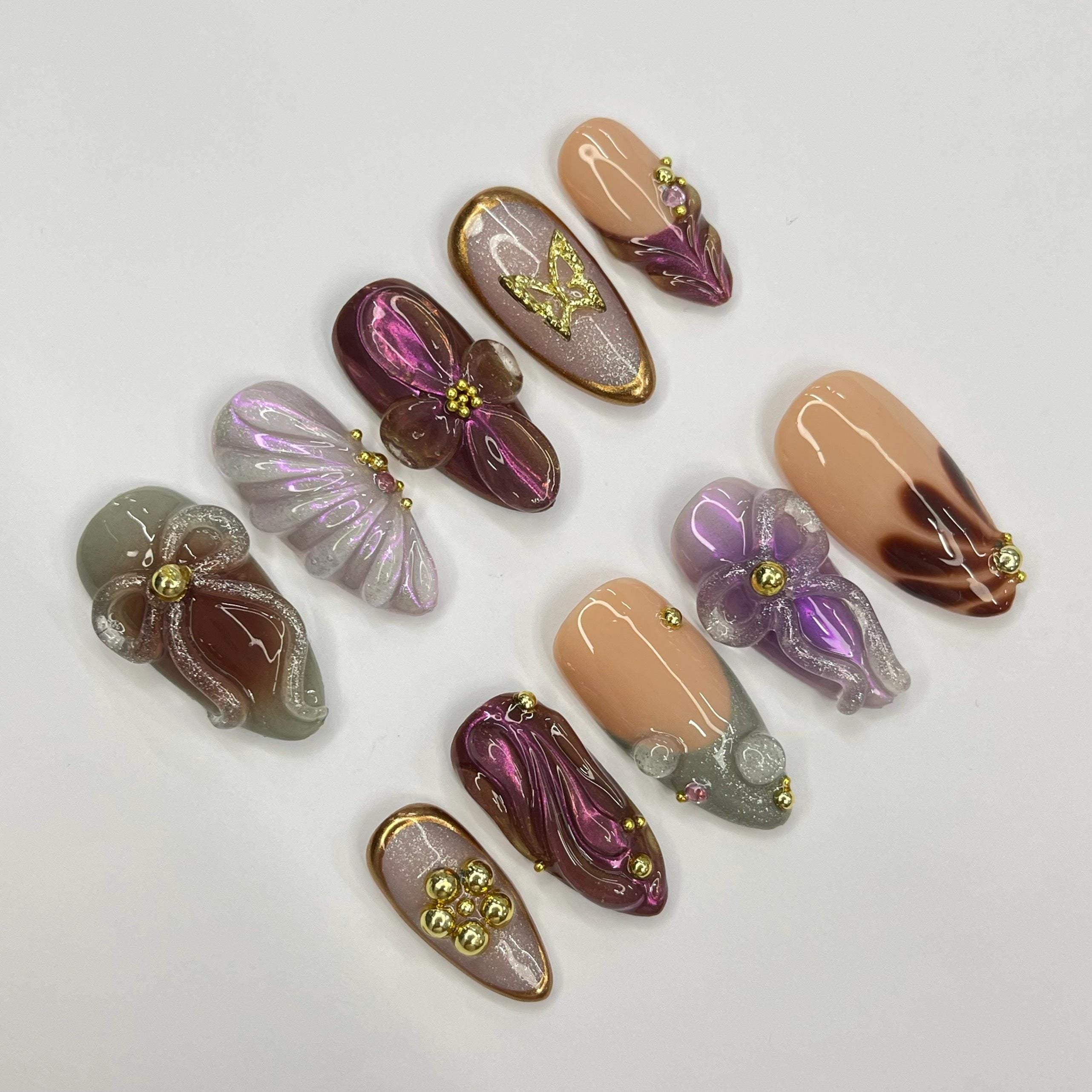 Elegant Nail With Bow & SeaShell Medium Almond Press On Nail, Custom Design Nail Art, Fake Nail for Birthday, Holiday Nail, Gift For Her