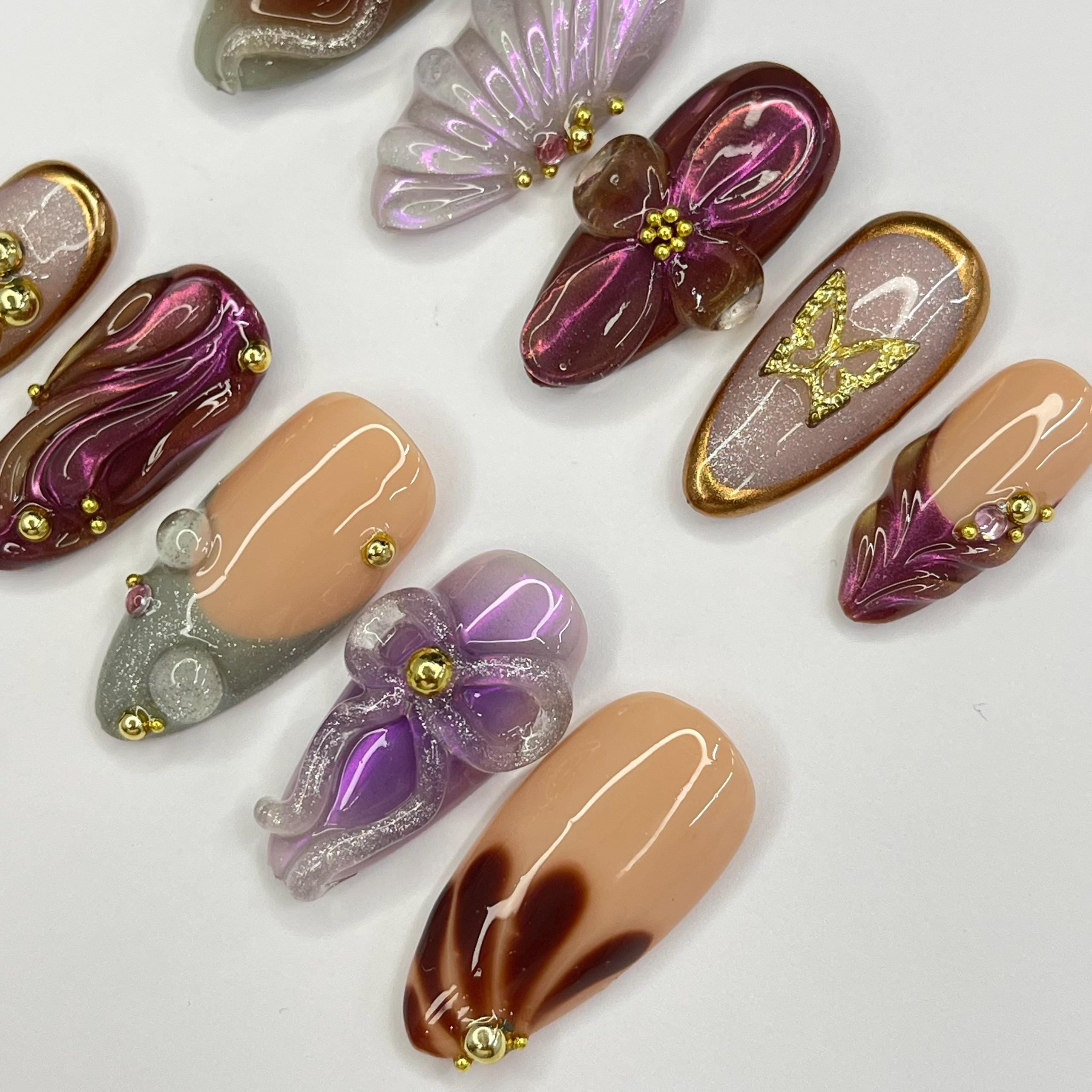 Elegant Nail With Bow & SeaShell Medium Almond Press On Nail, Custom Design Nail Art, Fake Nail for Birthday, Holiday Nail, Gift For Her