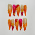 Sunset Flower Long Stiletto Press On Nail, Custom Design Nail Art, Fake Nail for Birthday, Holiday Nail, Gift For Her